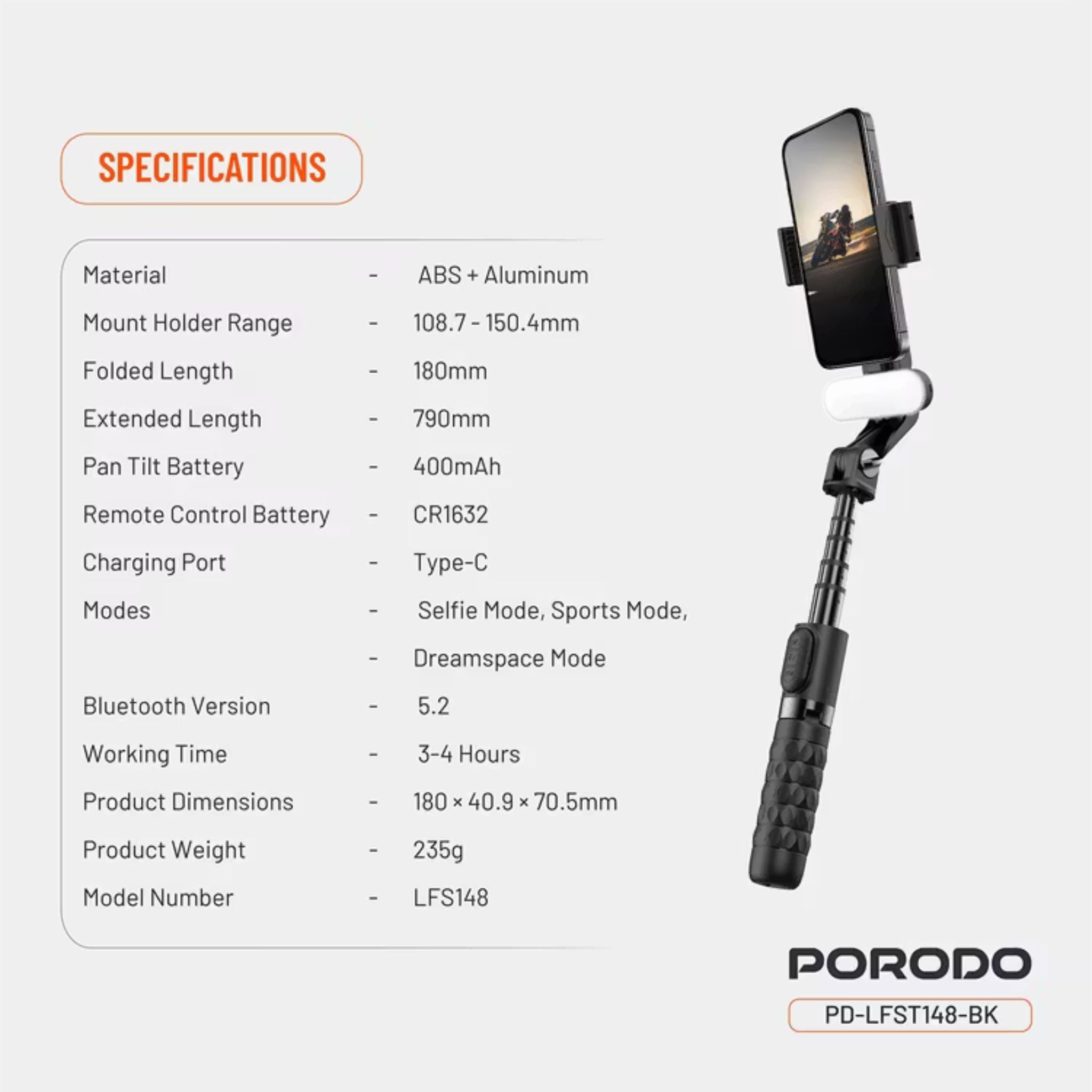 Porodo QuadBase Gimbal Stabilizer with Detachable Fill Light, 10.87 to 15.04cm Mount Holder Range, Anti-Shake, 79cm Extended Length, Remote Control - Black