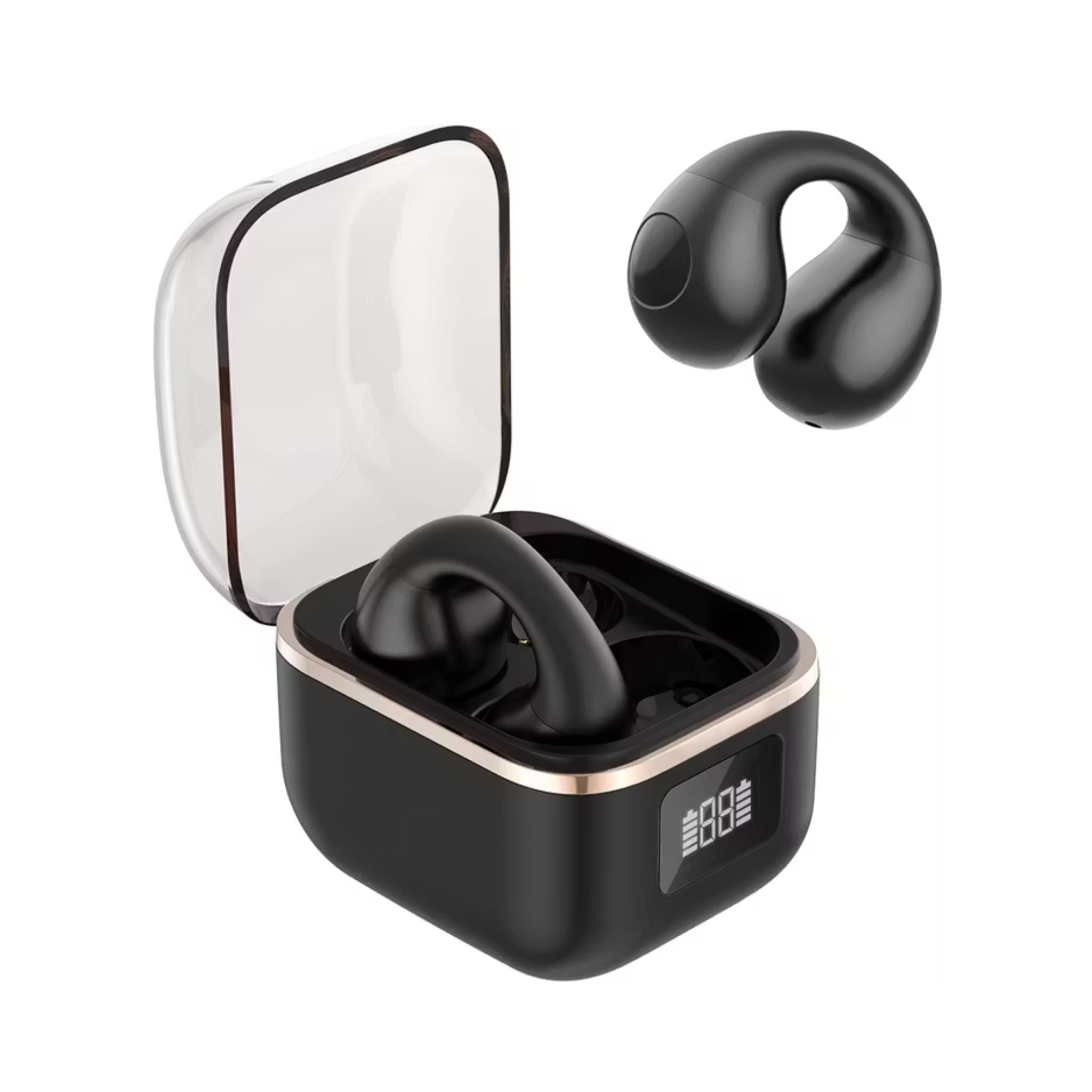Black wireless earbuds with charging case on a white background