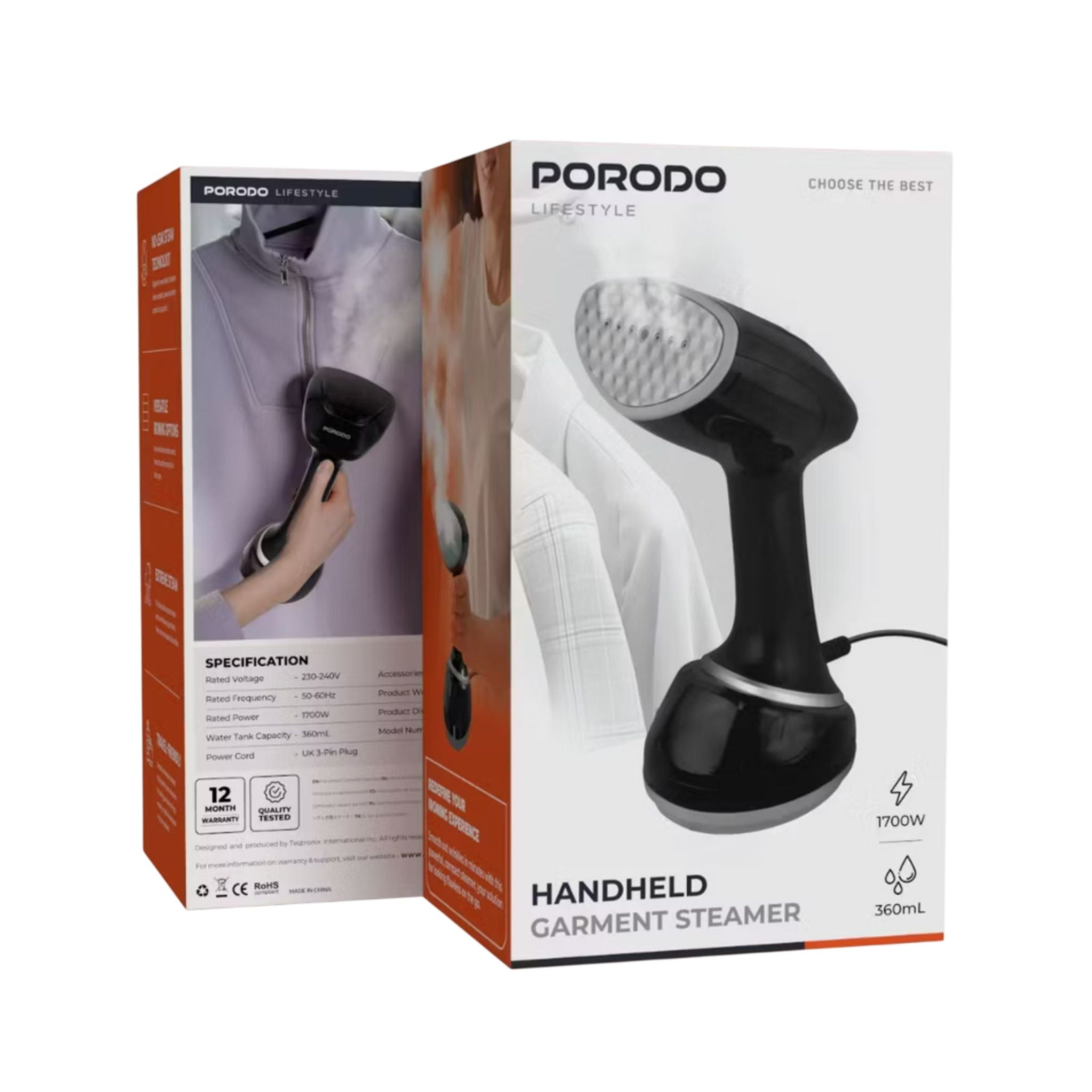 Porodo Lifestyle Handheld Garment Steamer, 360ml Water Tank Capacity, UK 3-Pin Plug Power Cord, 50-60Hz Rated Frequency, 1700W Rated Power, 230-240V Rated Voltage - Black