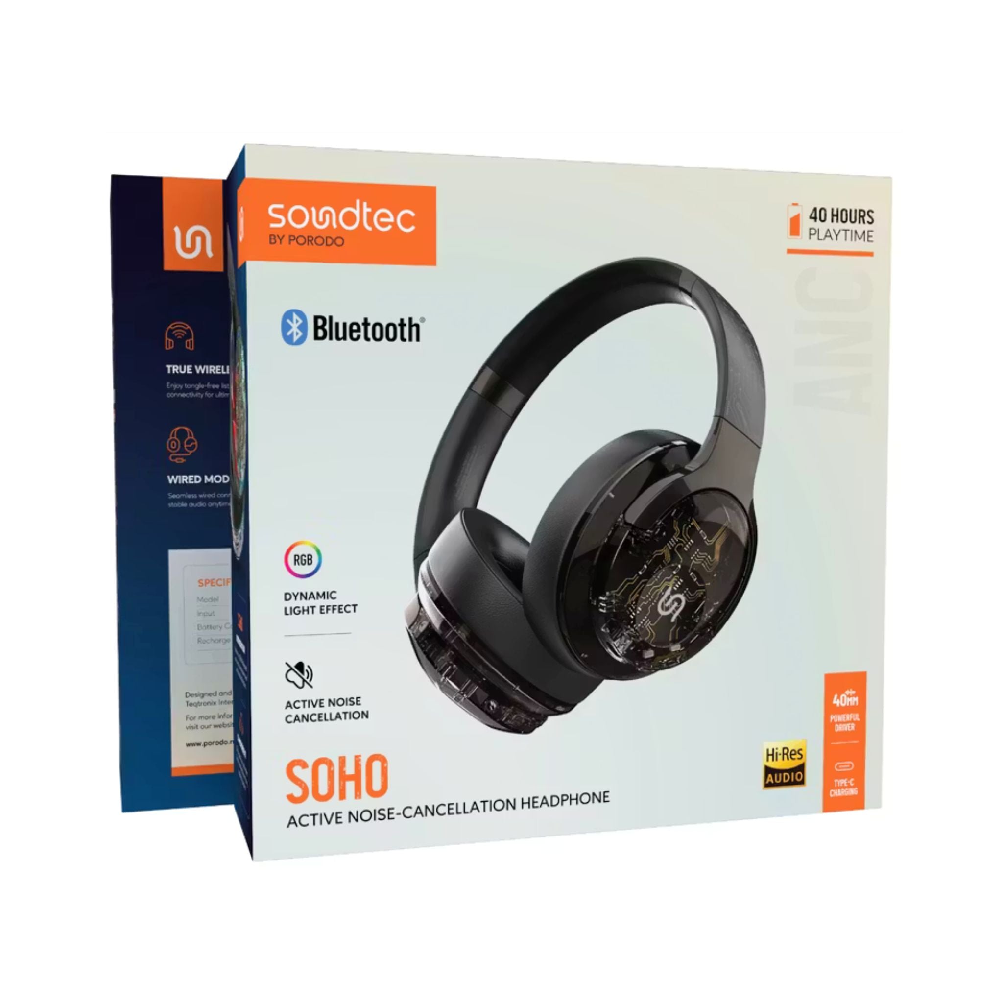 Porodo Soho Active Noise-Cancellation Headphones with RGB Dynamic Lights, 600mAh Battery, Up to 40H Playtime, Wired & Wireless Modes, 40mm Speakers, Bluetooth 5.4, Immersive Full Bass Audio, Compact Foldable Design – Black