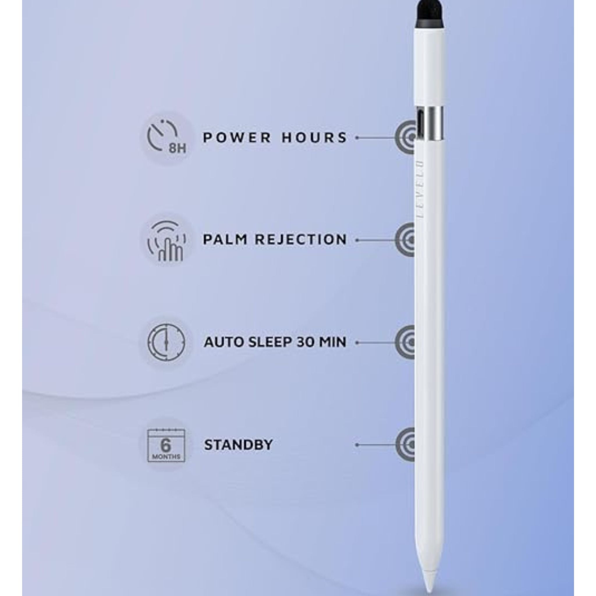 Levelo Skystick Universal & Compatible With iPad Stylus Pen, Replaceable Nibs, Flocking Head For Universal use, Palm rejection, Aluminum Alloy Tube, 2 Extra Tips, 6 Months Standby, Auto Sleep - White