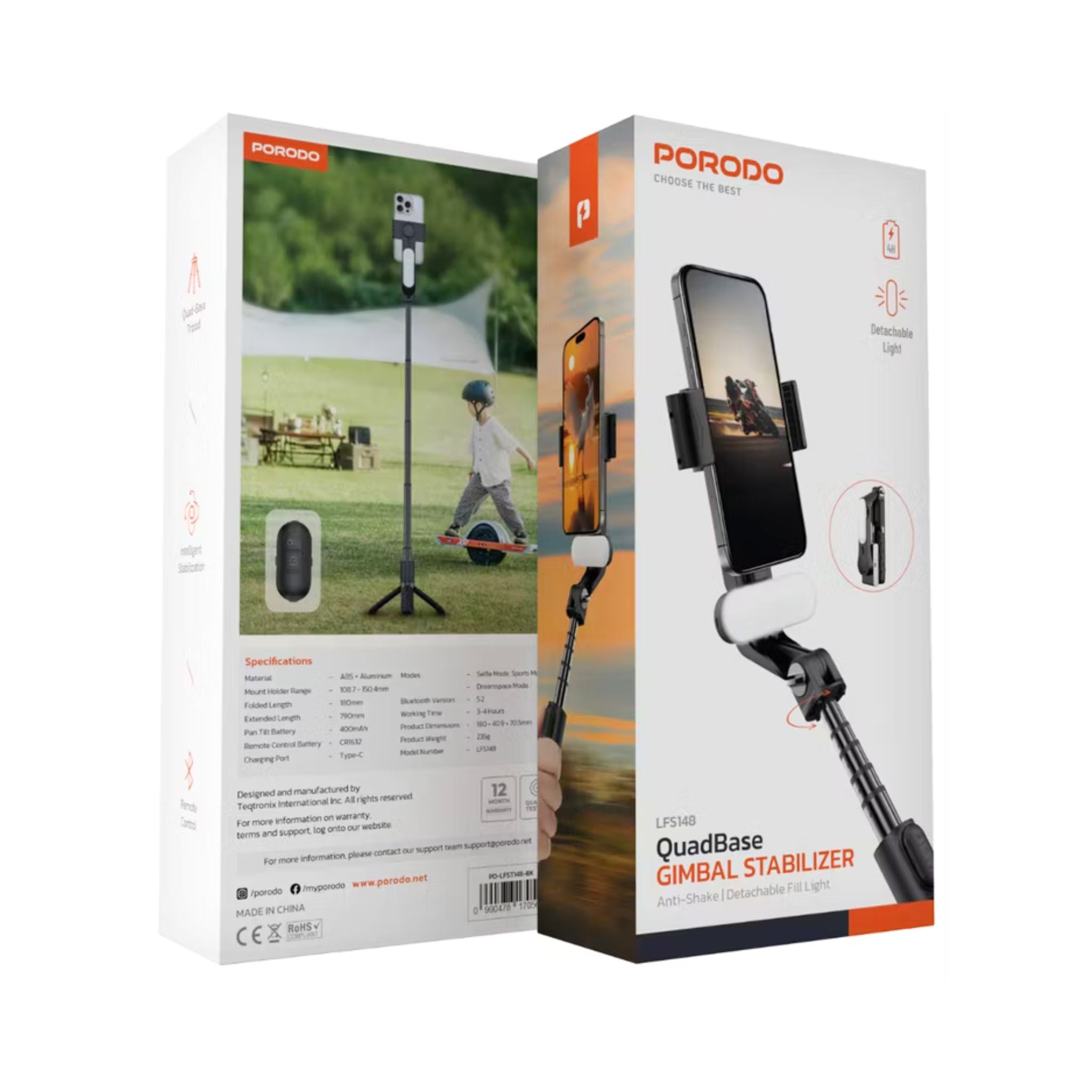Porodo QuadBase Gimbal Stabilizer with Detachable Fill Light, 10.87 to 15.04cm Mount Holder Range, Anti-Shake, 79cm Extended Length, Remote Control - Black
