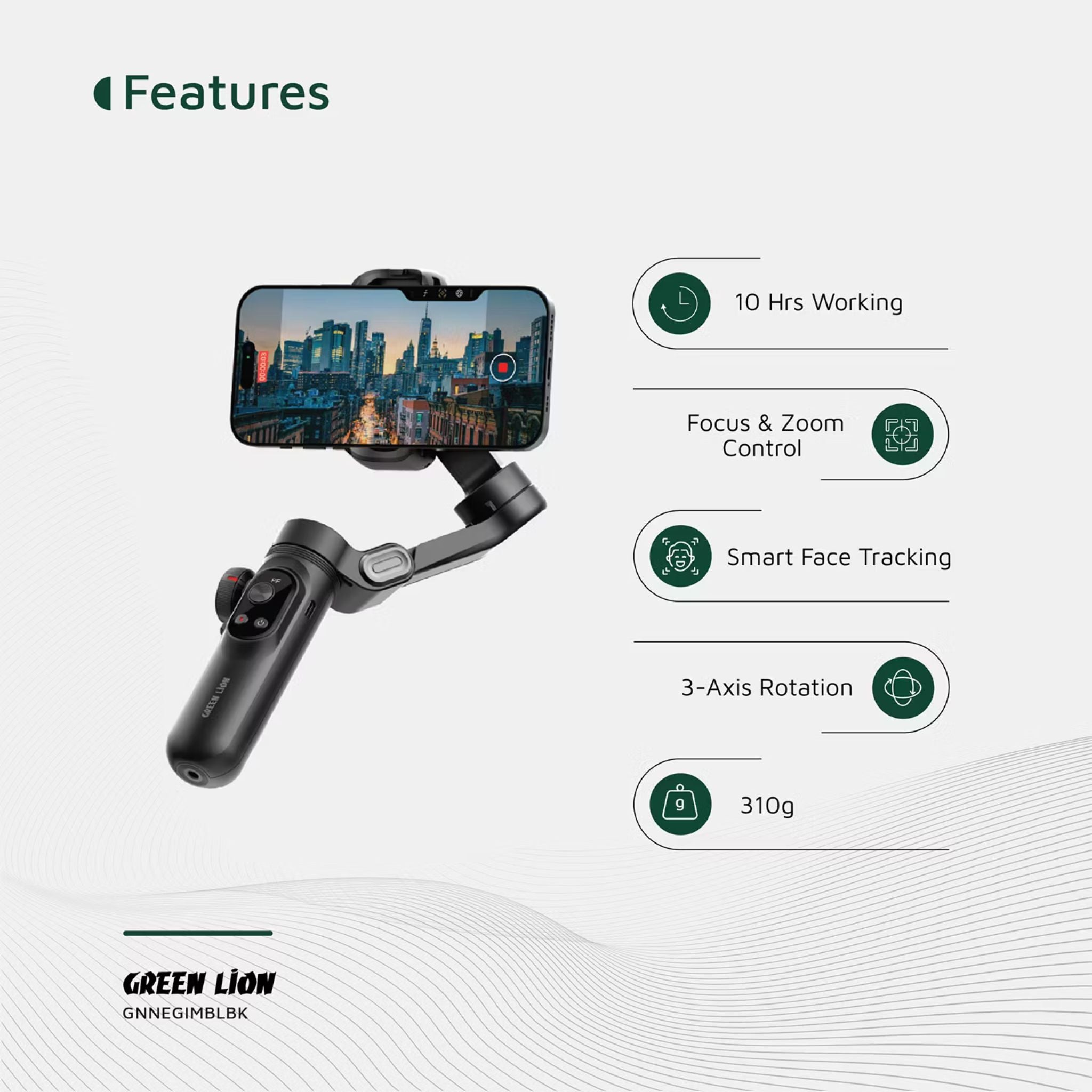Green Lion New York Gimbal Smart Face Tracking with 6 Shooting Modes, Focus & Zoom Control, 310° Pan Rotation, 250g Load Capacity, Built-in Fill Light - Black