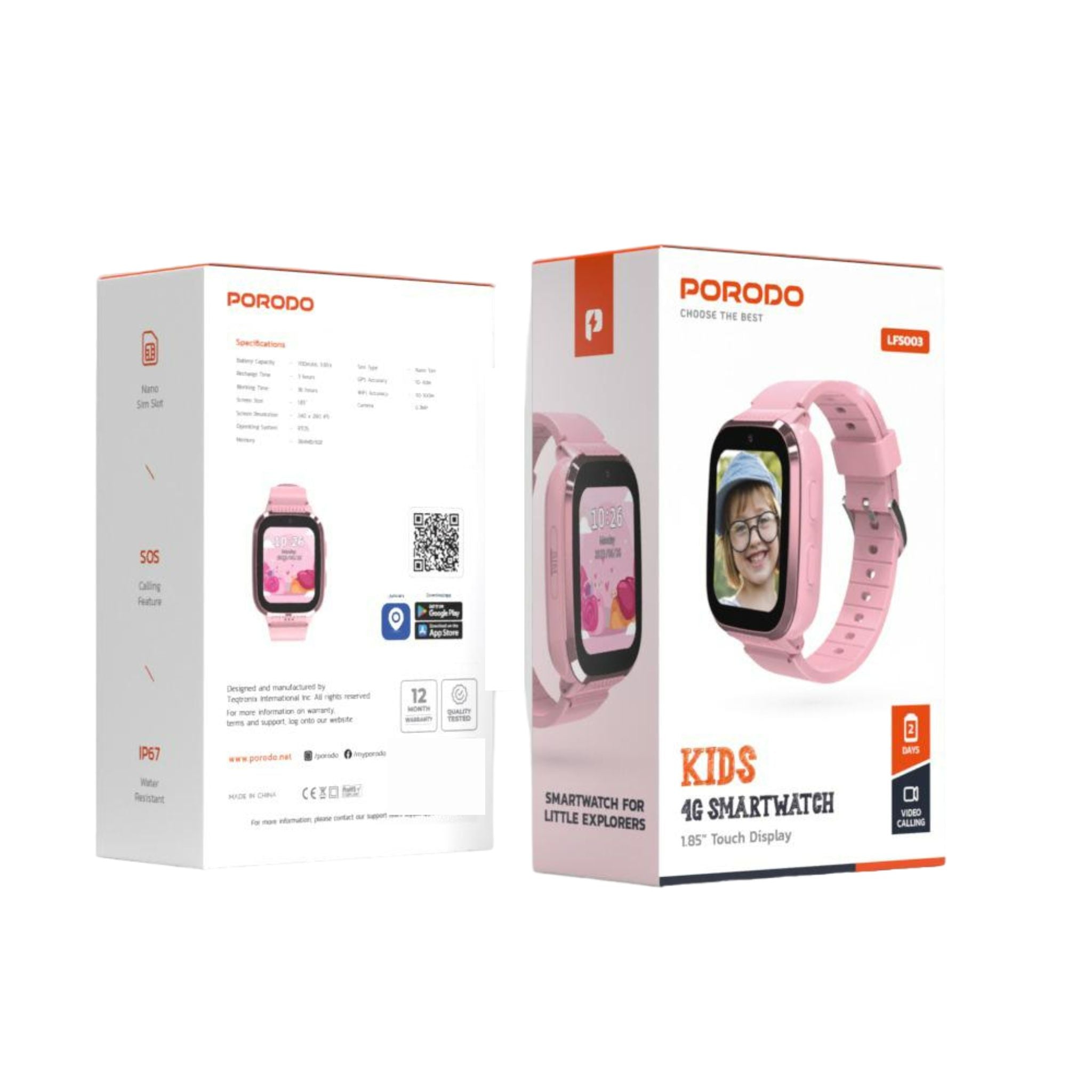 Porodo 4G Kids GPS 1.85 inches Smart Watch Junicare with Touch Display, 36 Hours Working Time, 3 Hours Charging Time, Video Calling - Pink