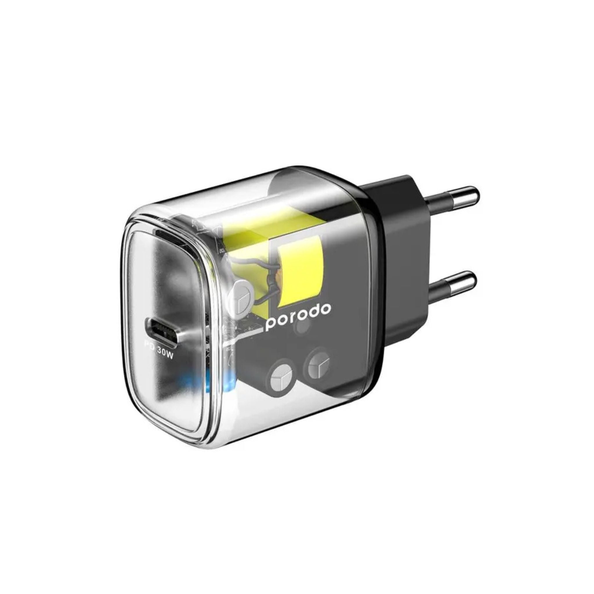 A Porodo 30W transparent quick charger with USB-C Power Delivery, black and clear color, with over-heat protection.