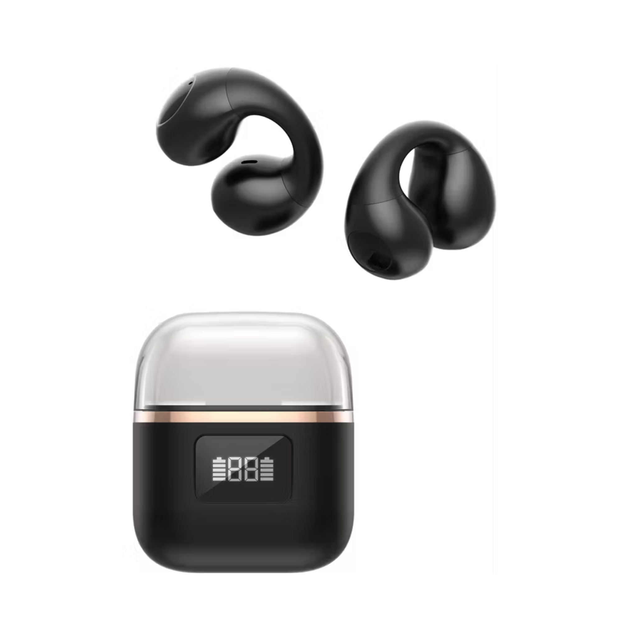 Green Lion Aurix Clip-On Earbuds with Digital Display & Touch Control, Up to 4 Hours Play Time, 300mAh Charging Case Battery & 30mAh Earbuds Battery, Dual Microphones, USB-C Charging Port, Bluetooth Version 5.4 - Black