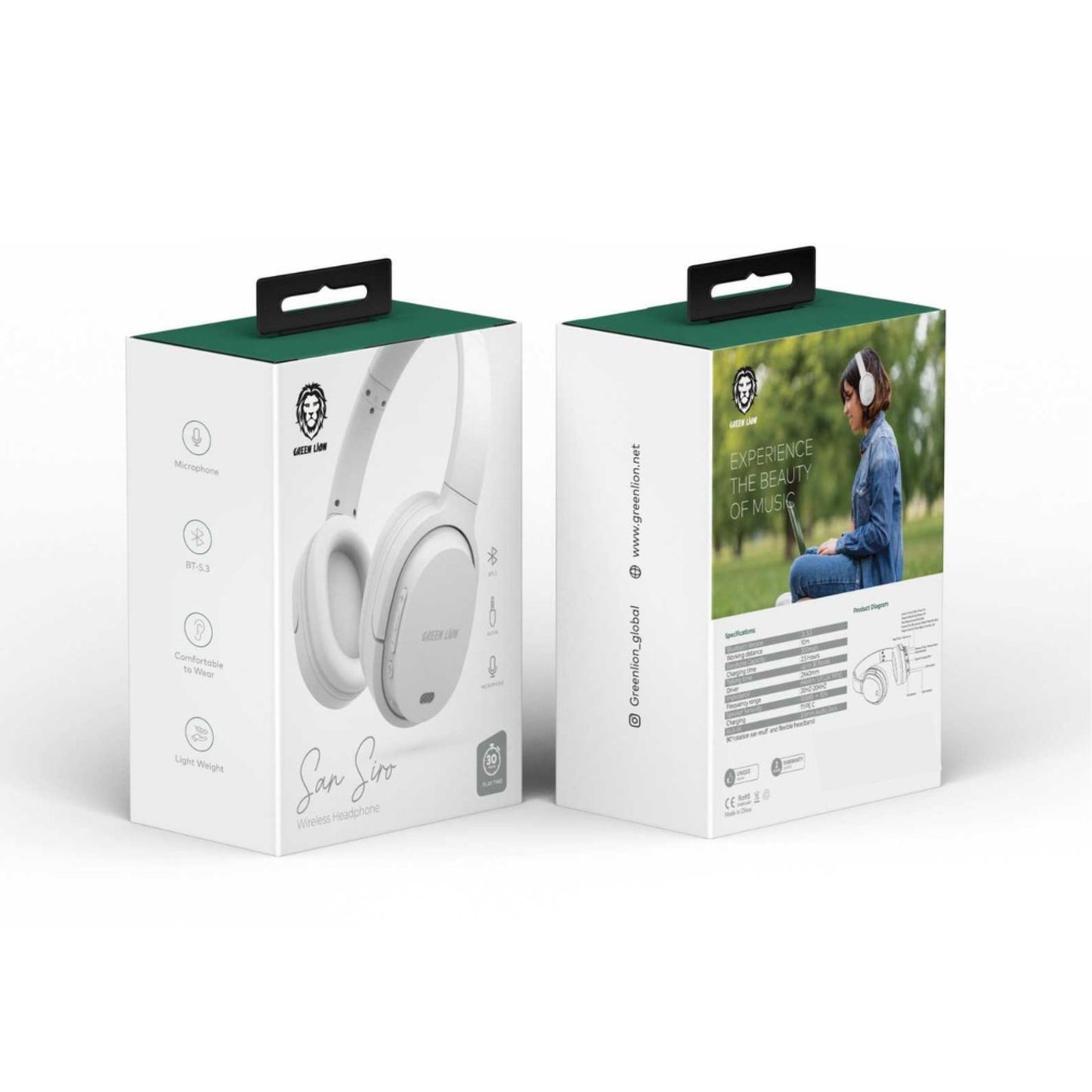 Green Lion San Siro Wireless Headphone: 300mAh Earphone Capacity, 10m Working Distance, 2.5 Hours Charging Time, 30 Hours Play Time, Comfortable, Lightweight, Microphone - White