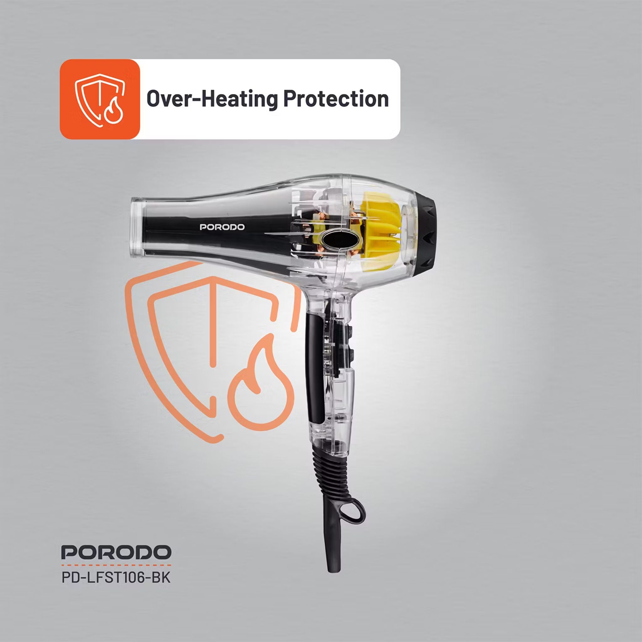 Porodo Lifestyle Crystal Shell Hair Dryer with 3 Airflow Modes, 2000W Rated Power, Removable Filter, Overheating Protection, 2 Speed Levels - Black