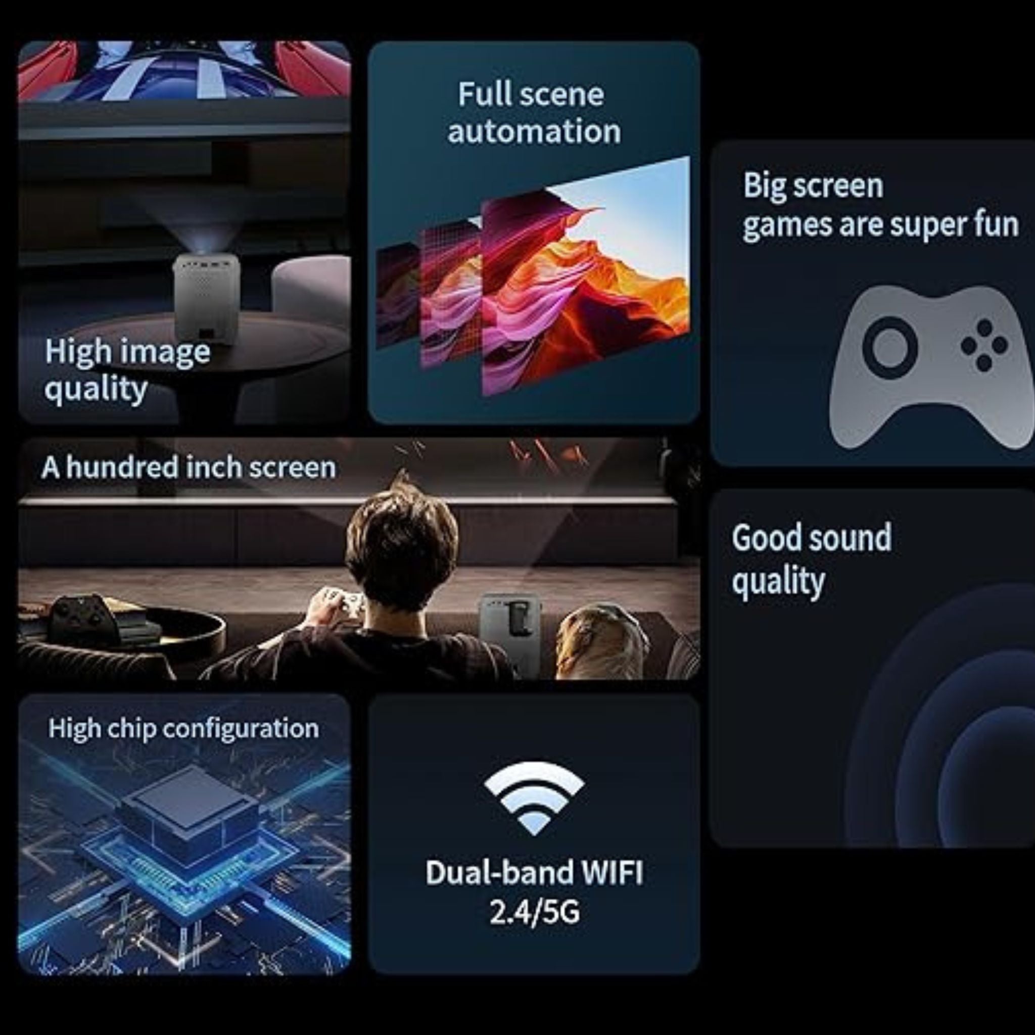 Umiio Q3 Pro WiFi Bluetooth Game Projector 4K Home Theater Video Player Projector with Dual Wireless Game Contoller Keystone Smart Projector Compatible with Android, iOS,PC, 50"-150" Screen
