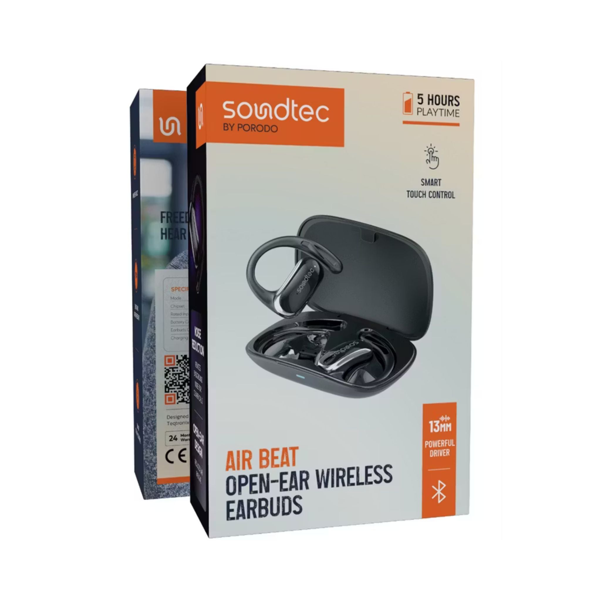 Porodo Soundtec Air Beat Open-Ear Wireless Earbuds with Smart Touch Control, Noise Reduction Technology, 300mAh Charging Case & 40mAh Earbuds Battery, Up to 5 Hours Play Time, Sweat & Water Resistant - Black