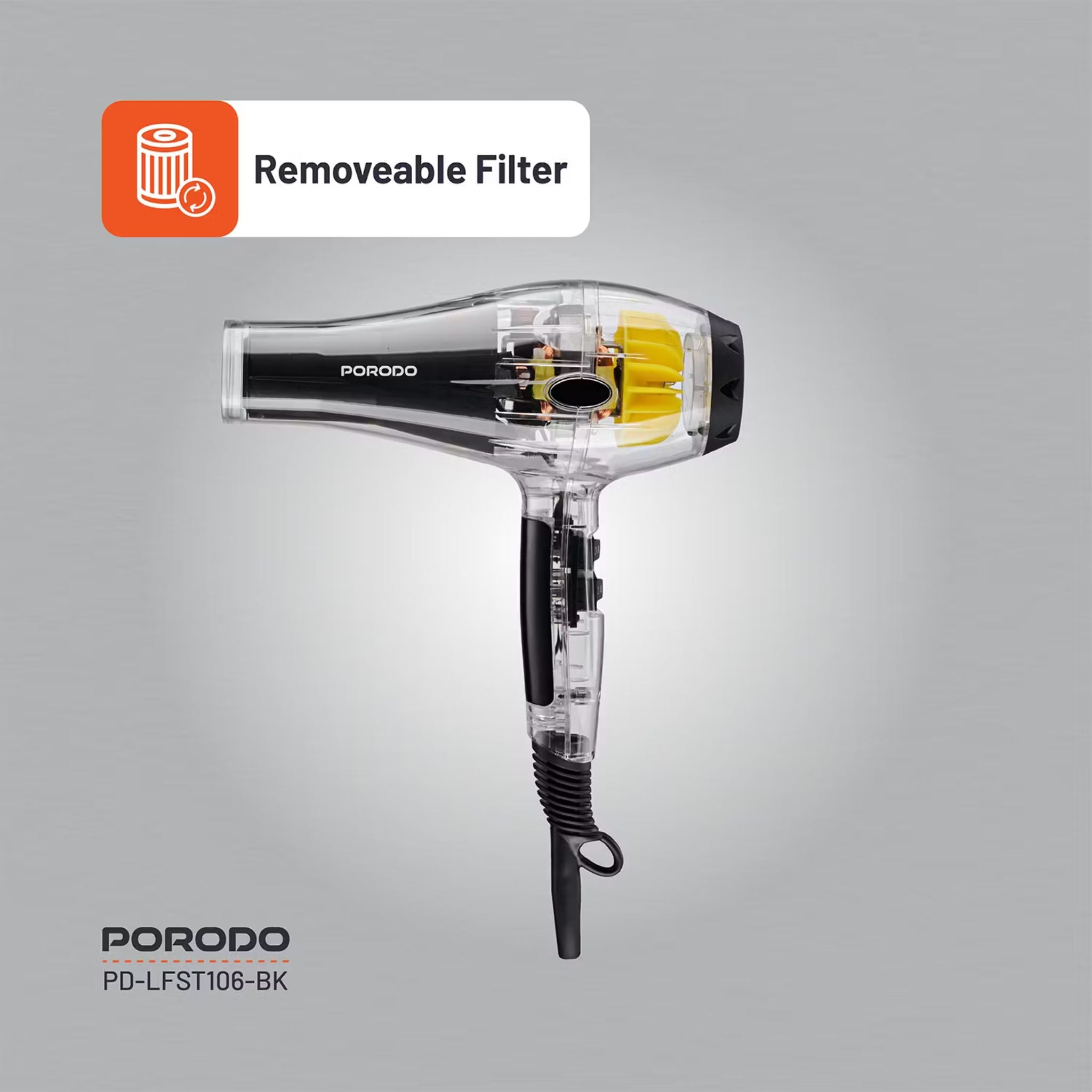 Porodo Lifestyle Crystal Shell Hair Dryer with 3 Airflow Modes, 2000W Rated Power, Removable Filter, Overheating Protection, 2 Speed Levels - Black