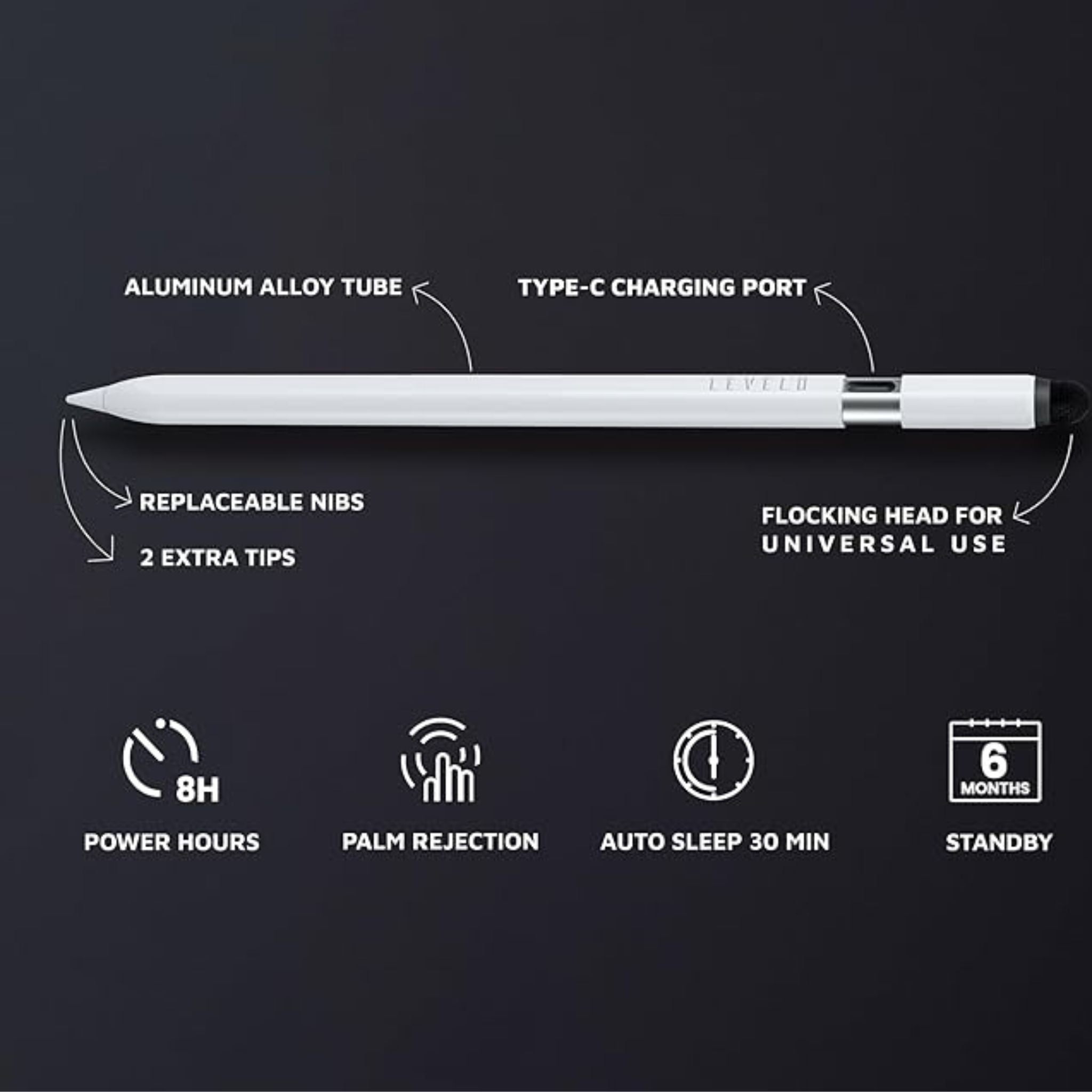 Levelo Skystick Universal & Compatible With iPad Stylus Pen, Replaceable Nibs, Flocking Head For Universal use, Palm rejection, Aluminum Alloy Tube, 2 Extra Tips, 6 Months Standby, Auto Sleep - White