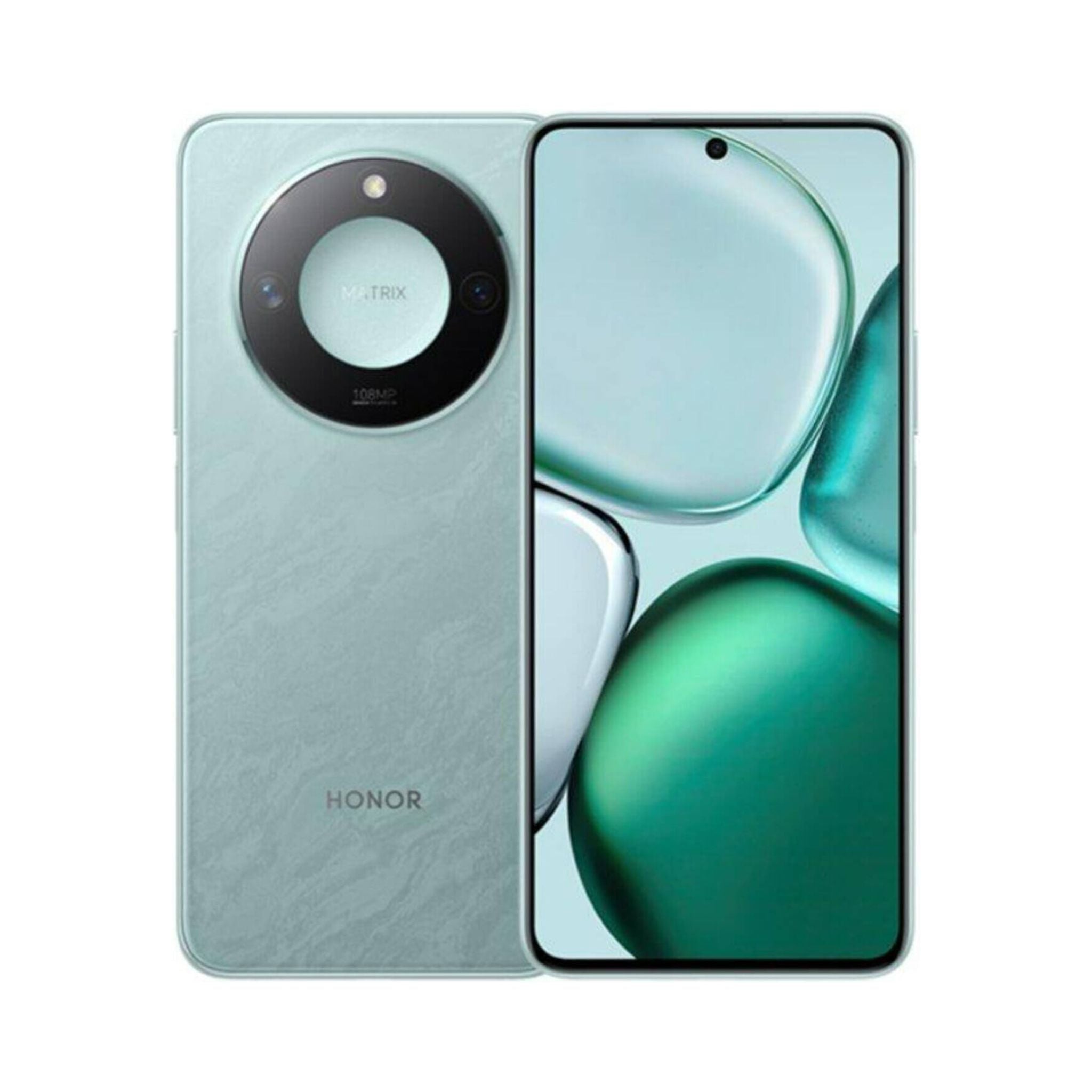 Honor smartphone showing back and front views on a white background
