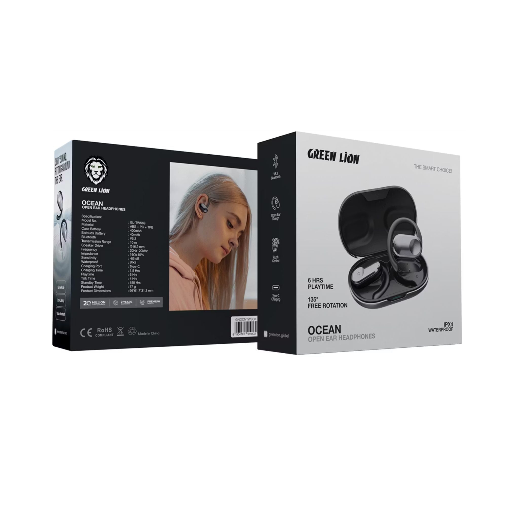Green Lion Ocean Open-Ear Earbuds with Open-Ear Design, Up to 6 Hours Playtime, 135° Free Rotation, Game Mode, Low Latency, 180 Hours Standby Time, IPX4 Waterproof - Black