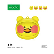 Yellow duck-shaped Bluetooth earphone case with Modio branding on a white background
