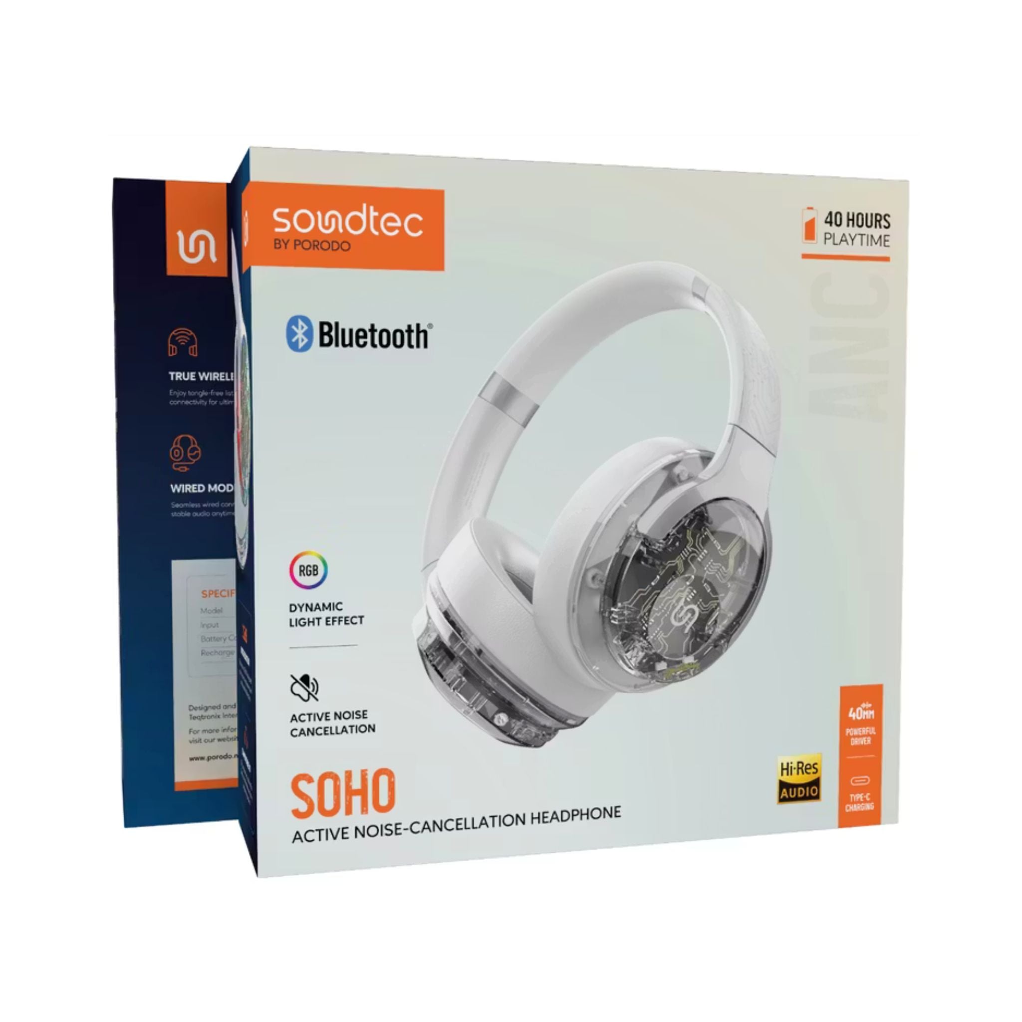 Porodo Soho Active Noise-Cancellation Headphones with RGB Dynamic Lights, 600mAh Battery, Up to 40H Playtime, Wired & Wireless Connectivity, 40mm Speakers, Bluetooth 5.4, Immersive Full Bass Audio, Compact Foldable Design – White