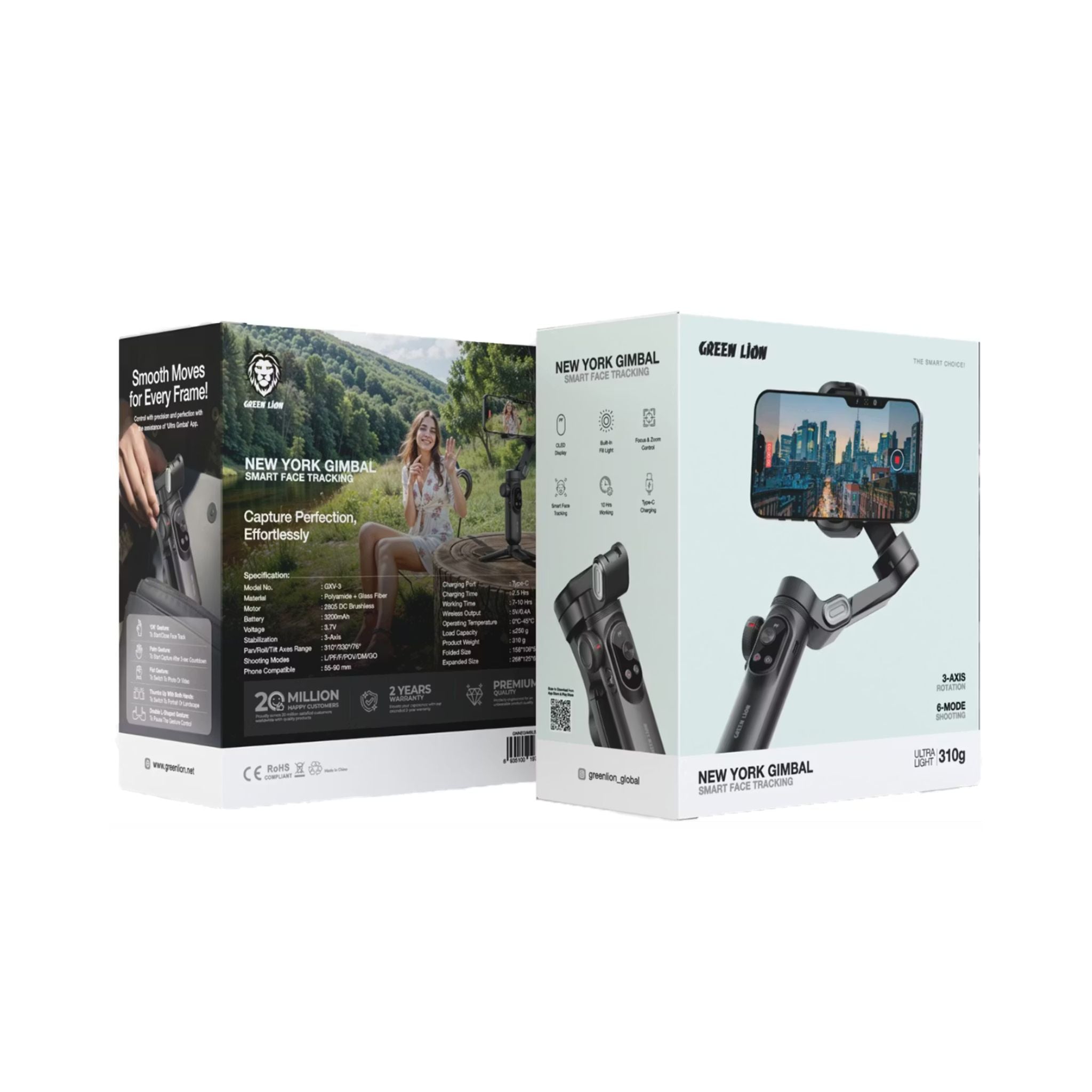 Green Lion New York Gimbal Smart Face Tracking with 6 Shooting Modes, Focus & Zoom Control, 310° Pan Rotation, 250g Load Capacity, Built-in Fill Light - Black