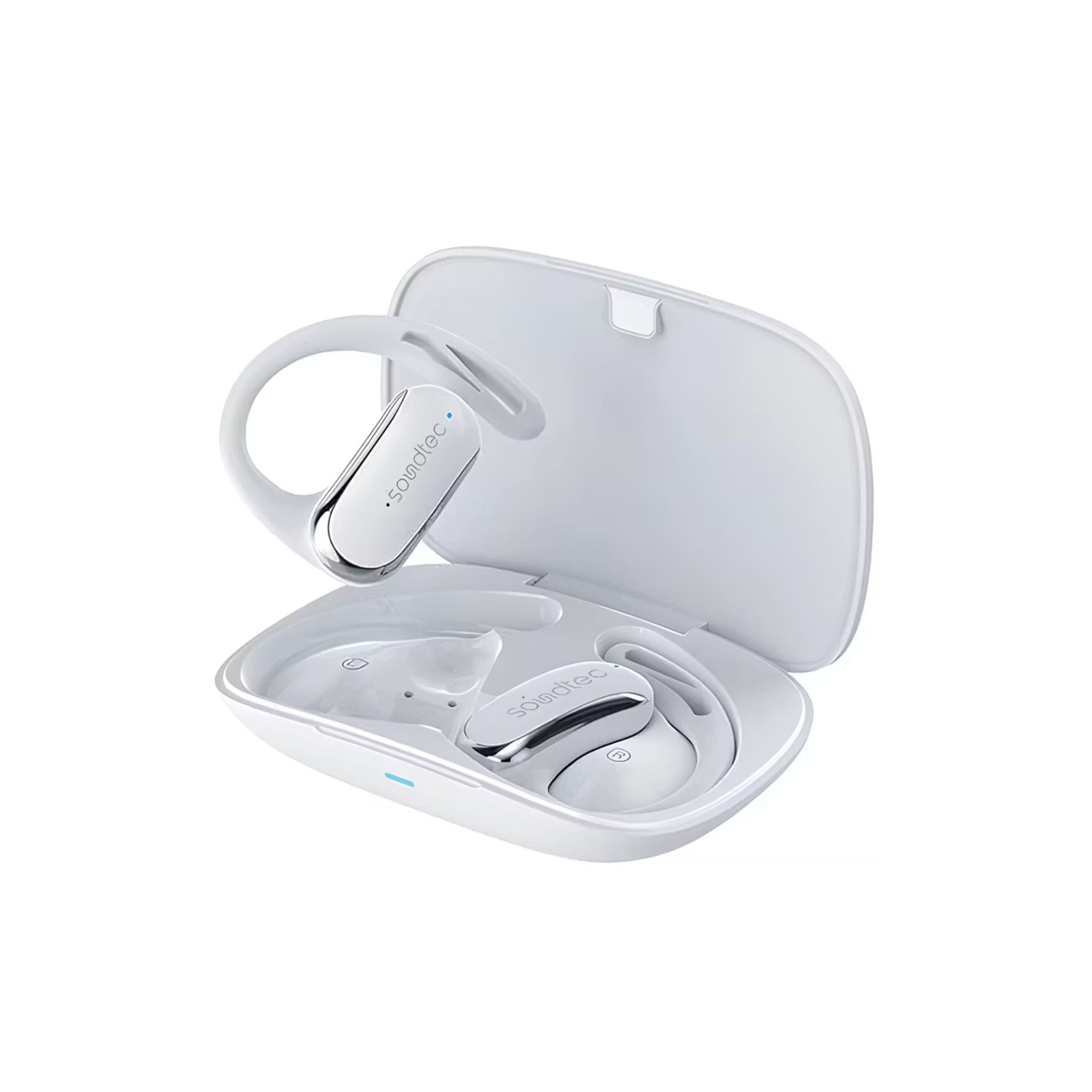 Porodo Soundtec Air Beat Open-Ear Wireless Earbuds with Smart Touch Control, Noise Reduction Technology, 300mAh Charging Case & 40mAh Earbuds Battery, Up to 5 Hours Play Time, Sweat & Water Resistant - White