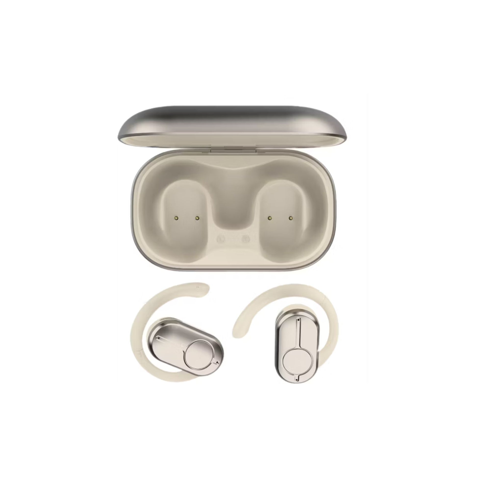 Beige wireless earbuds with charging case on a white background