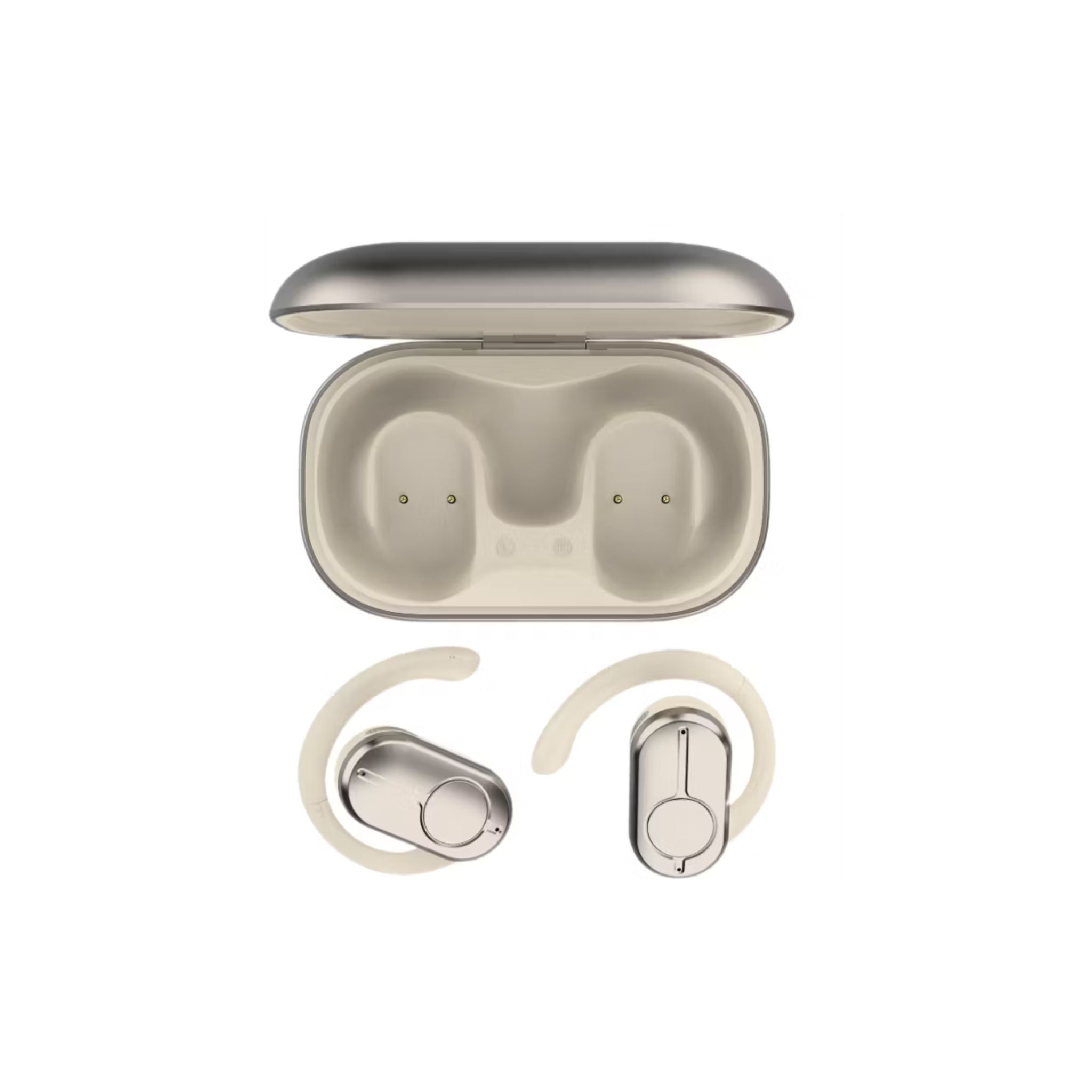 Beige wireless earbuds with charging case on a white background