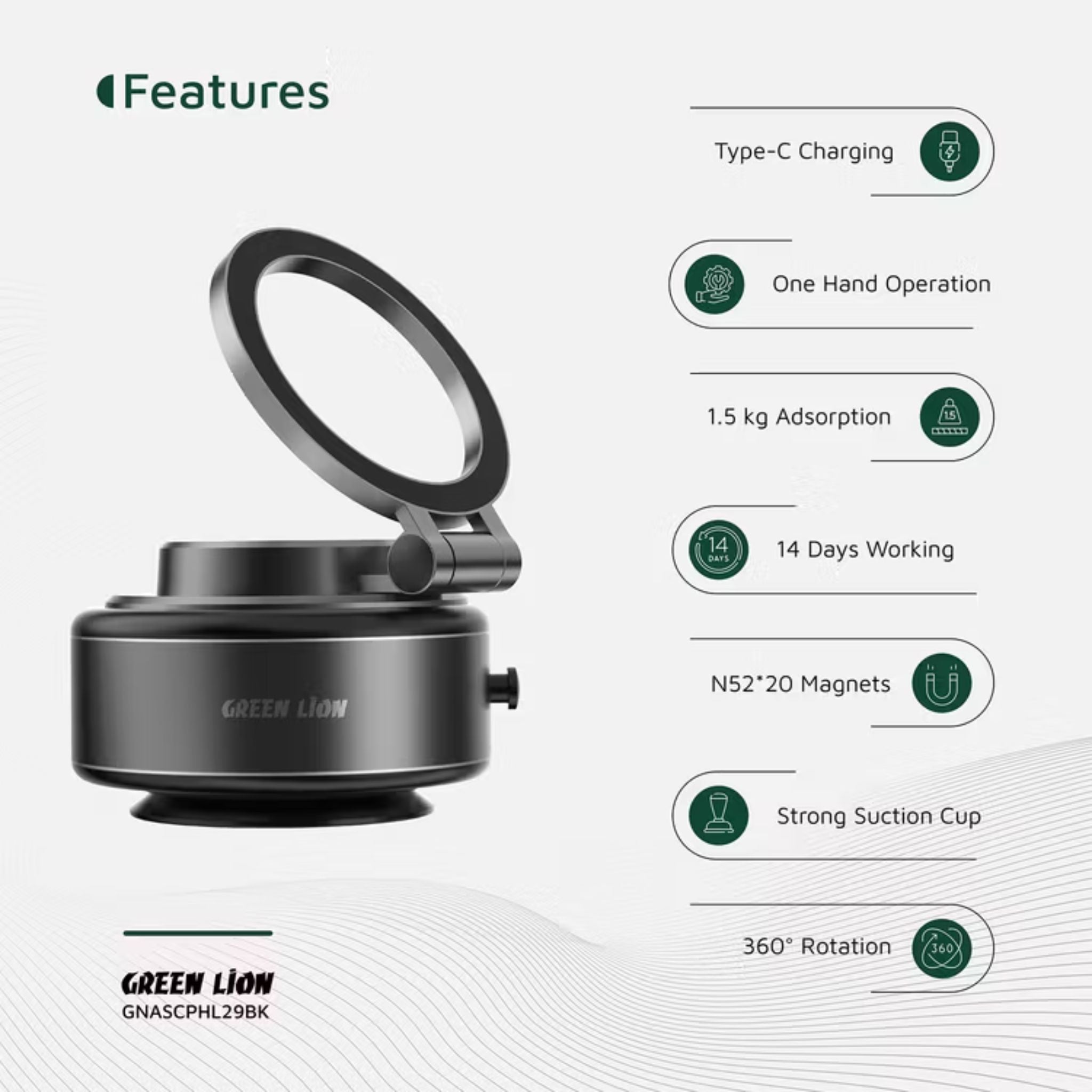 Green Lion GX-29 Auto Suction Phone Holder with 360° Rotation, Strong Suction Cup, 1.5kg Adsorption, One-Hand Operation, MagSafe Compatible, Type-C Charging, 14 Days Working Time - Matte Black