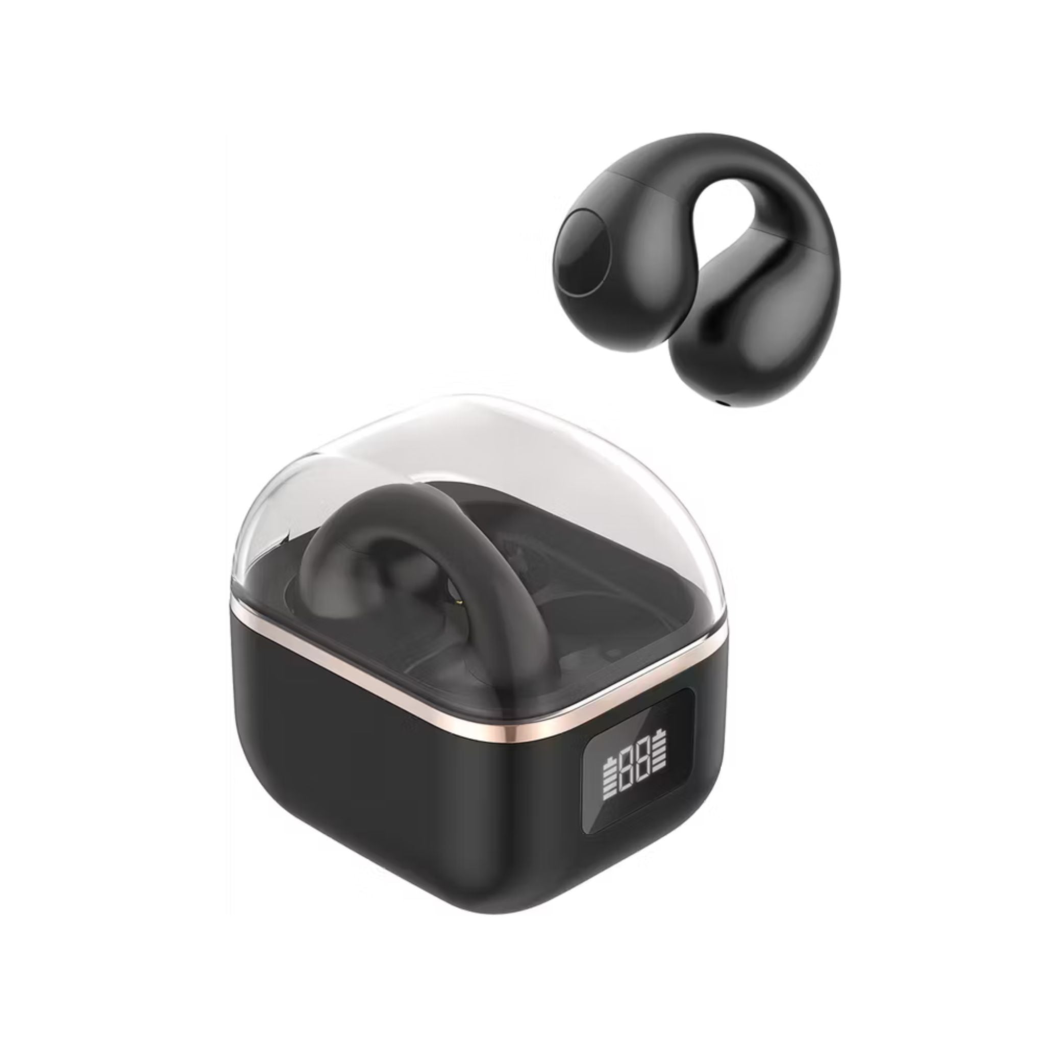 Green Lion Aurix Clip-On Earbuds with Digital Display & Touch Control, Up to 4 Hours Play Time, 300mAh Charging Case Battery & 30mAh Earbuds Battery, Dual Microphones, USB-C Charging Port, Bluetooth Version 5.4 - Black