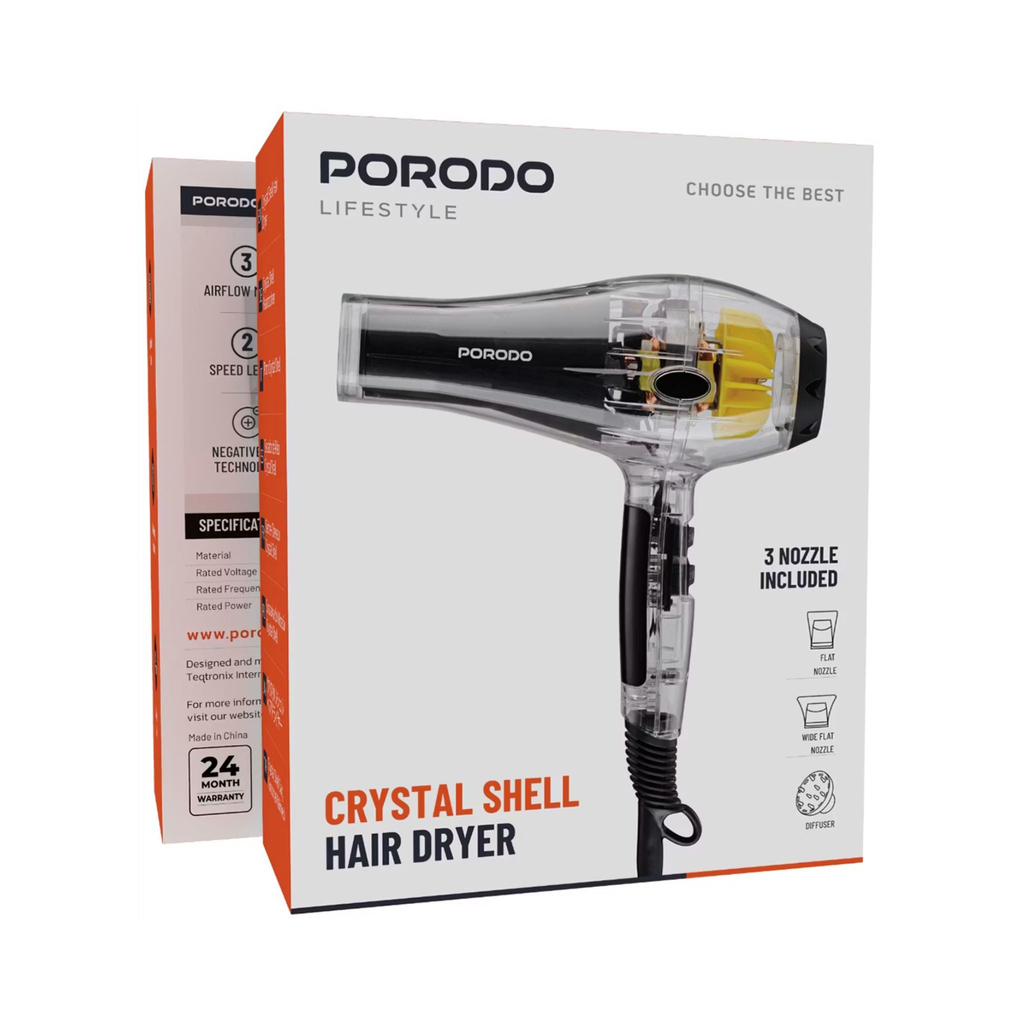 Porodo Lifestyle Crystal Shell Hair Dryer with 3 Airflow Modes, 2000W Rated Power, Removable Filter, Overheating Protection, 2 Speed Levels - Black