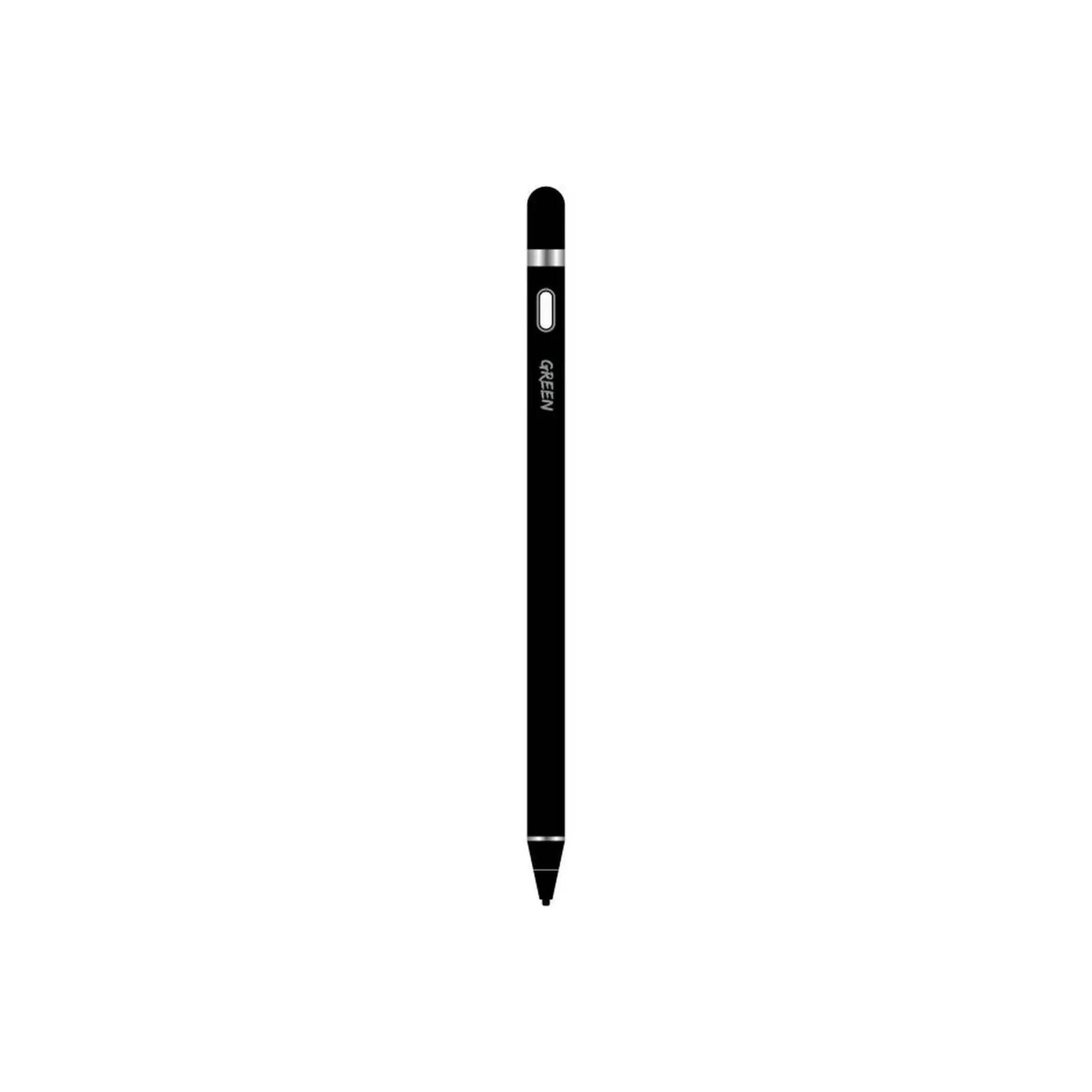 A black Green Lion touch screen stylus pen with a fine tip and a built-in micro USB charging port.