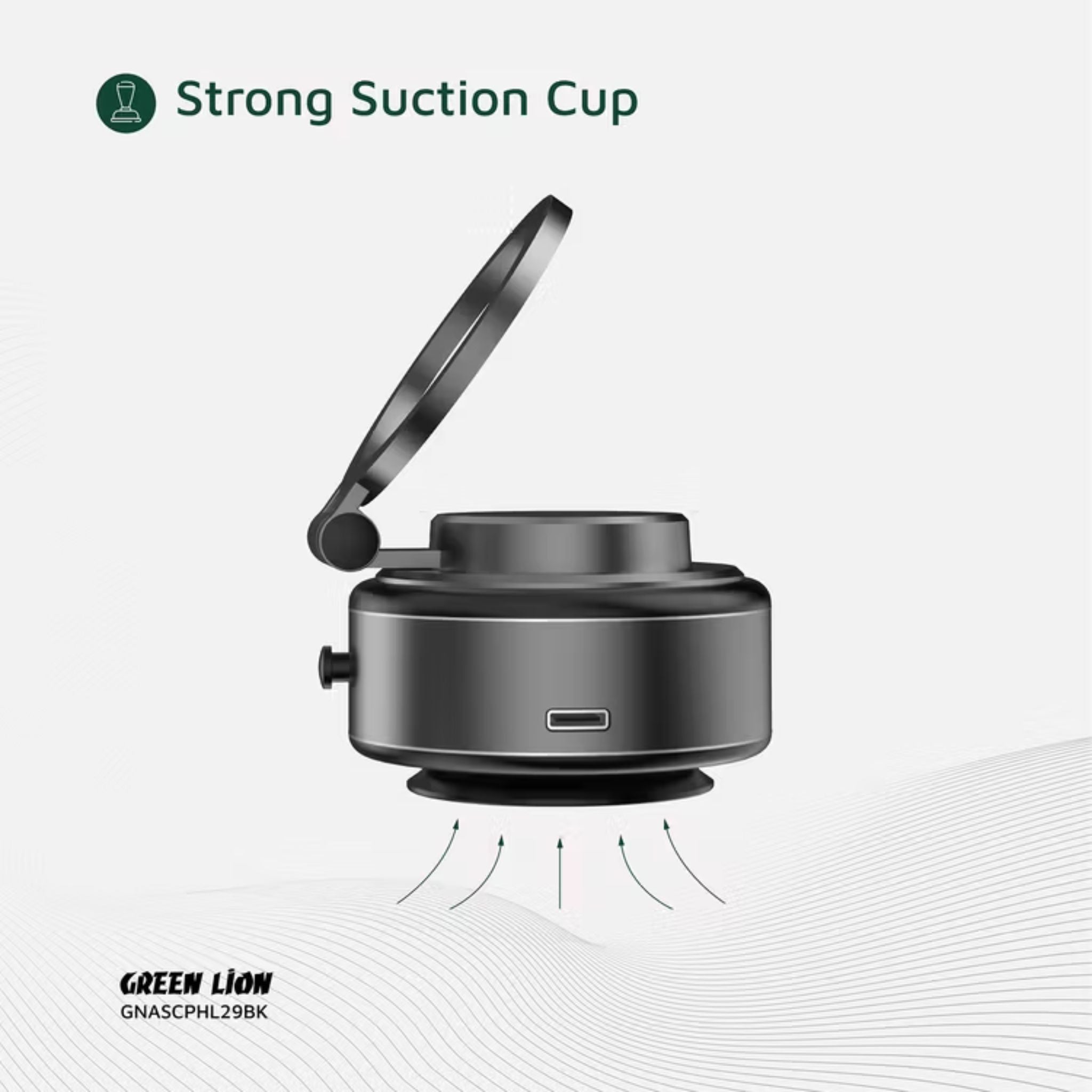 Green Lion GX-29 Auto Suction Phone Holder with 360° Rotation, Strong Suction Cup, 1.5kg Adsorption, One-Hand Operation, MagSafe Compatible, Type-C Charging, 14 Days Working Time - Matte Black