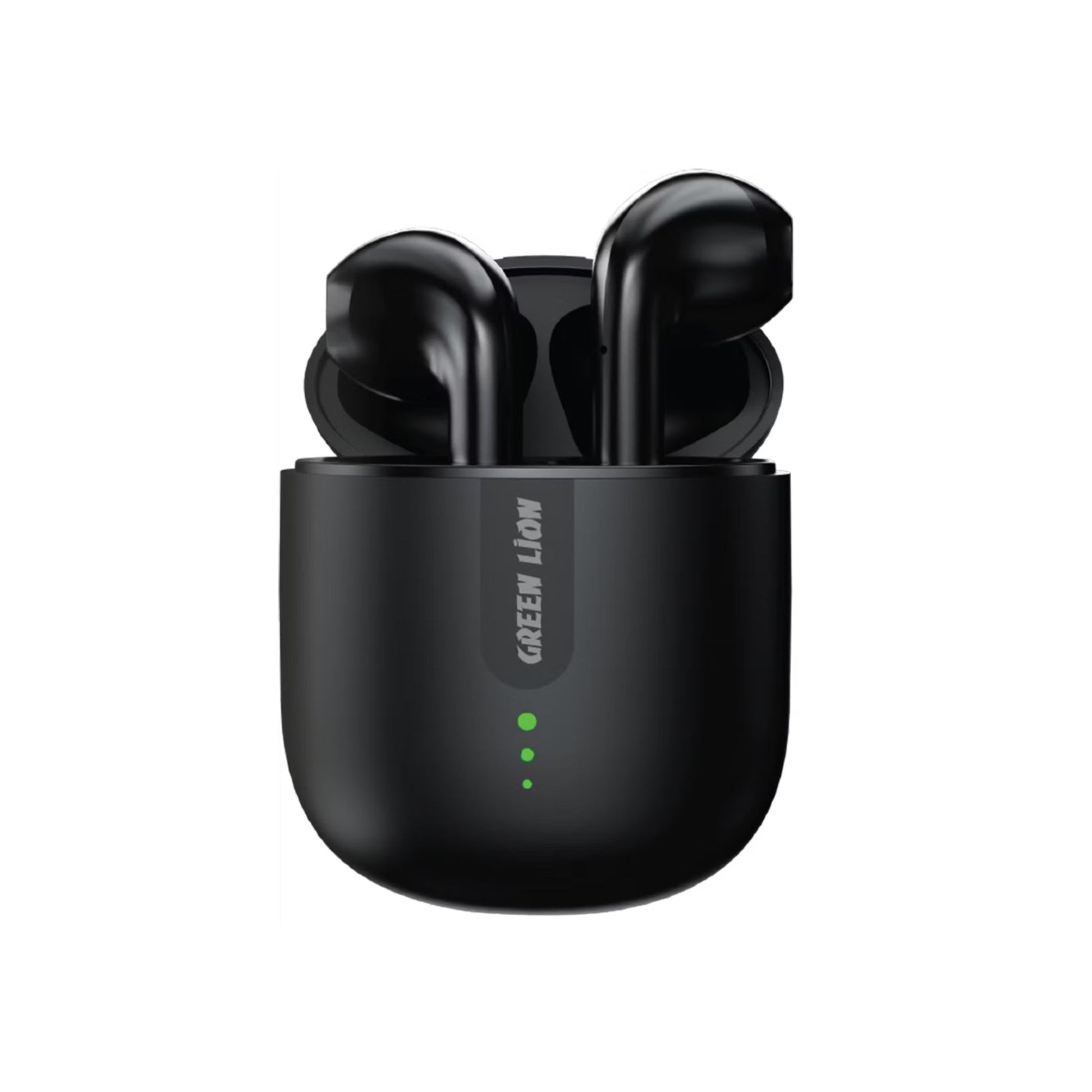 Black wireless earbuds in a charging case on a white background
