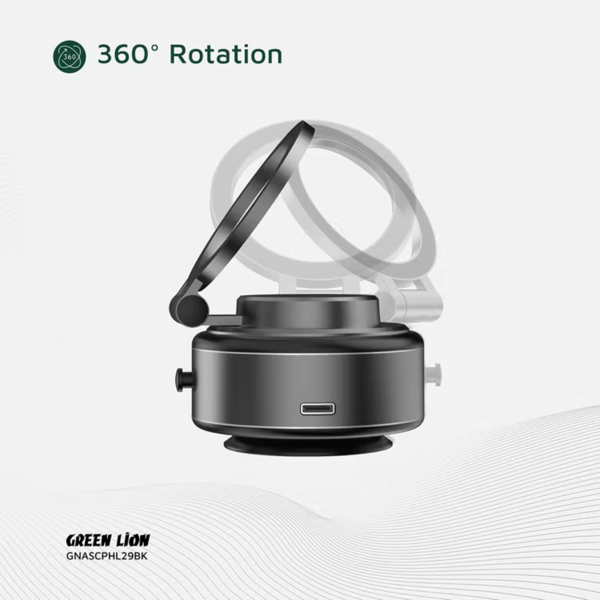 Green Lion GX-29 Auto Suction Phone Holder with 360° Rotation, Strong Suction Cup, 1.5kg Adsorption, One-Hand Operation, MagSafe Compatible, Type-C Charging, 14 Days Working Time - Matte Black