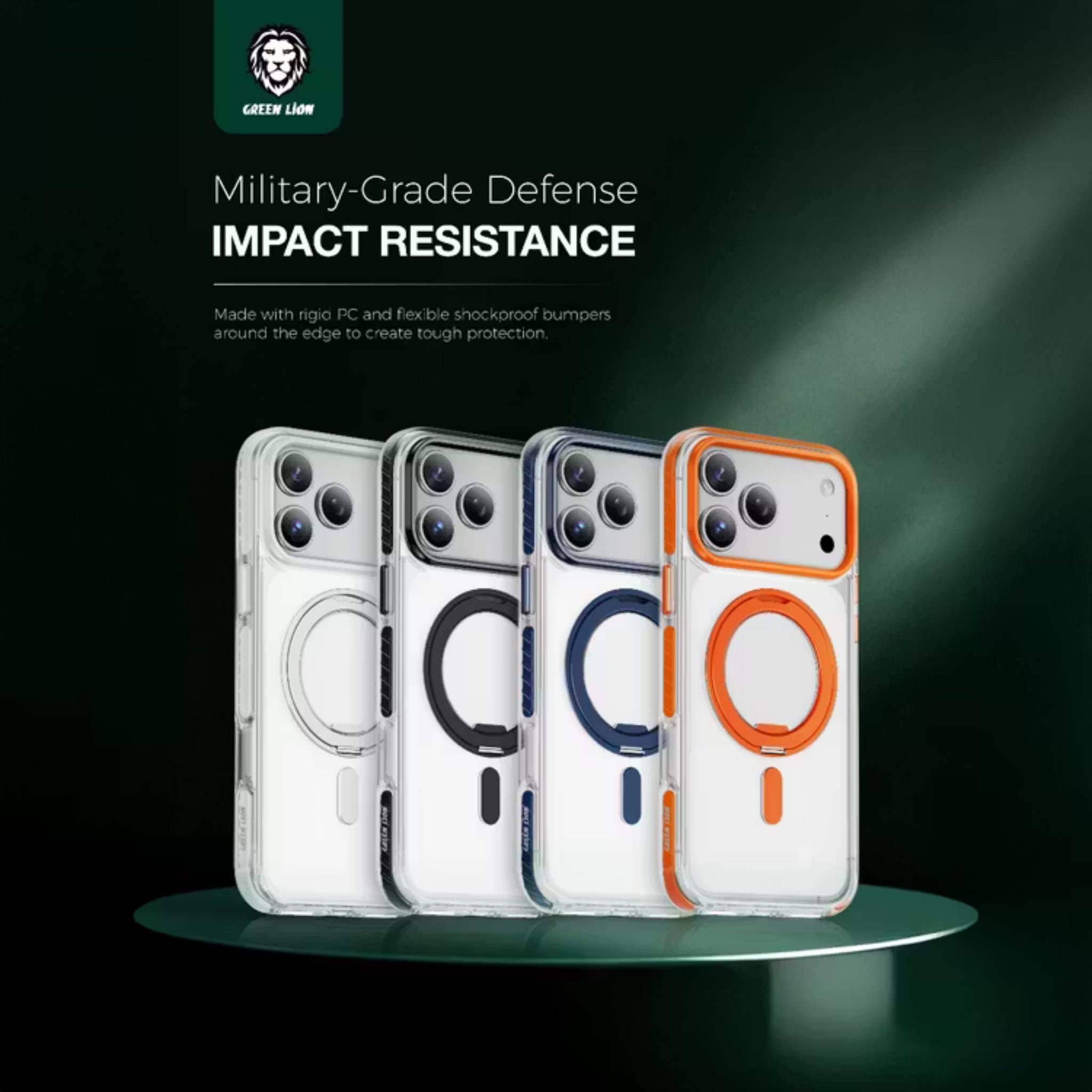 Green Lion Southend Magsafe Case for iPhone 17 Pro, Camera Protection, Hybrid Materials, Built-in Kickstand Ring with 360° Rotation, Military-Grade Protection - Black