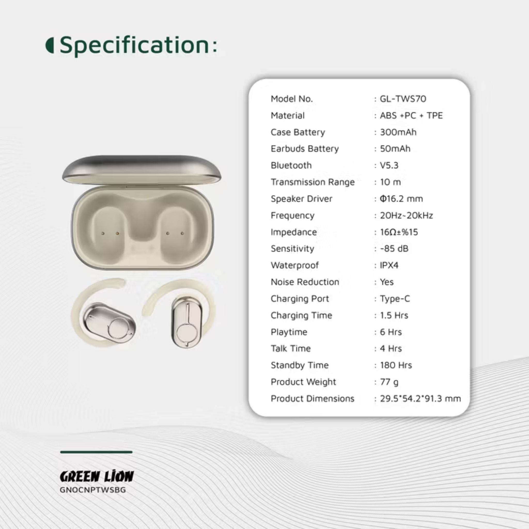 Green Lion Ocean Plus Open-Ear Earbuds with Dual-Mic ENC, Up to 6 Hours Playtime, 135° Free Rotation, 300mAh Charging Case Battery Capacity, Game Mode, Low Latency, 180 Hours Standby Time, IPX4 Waterproof - Beige