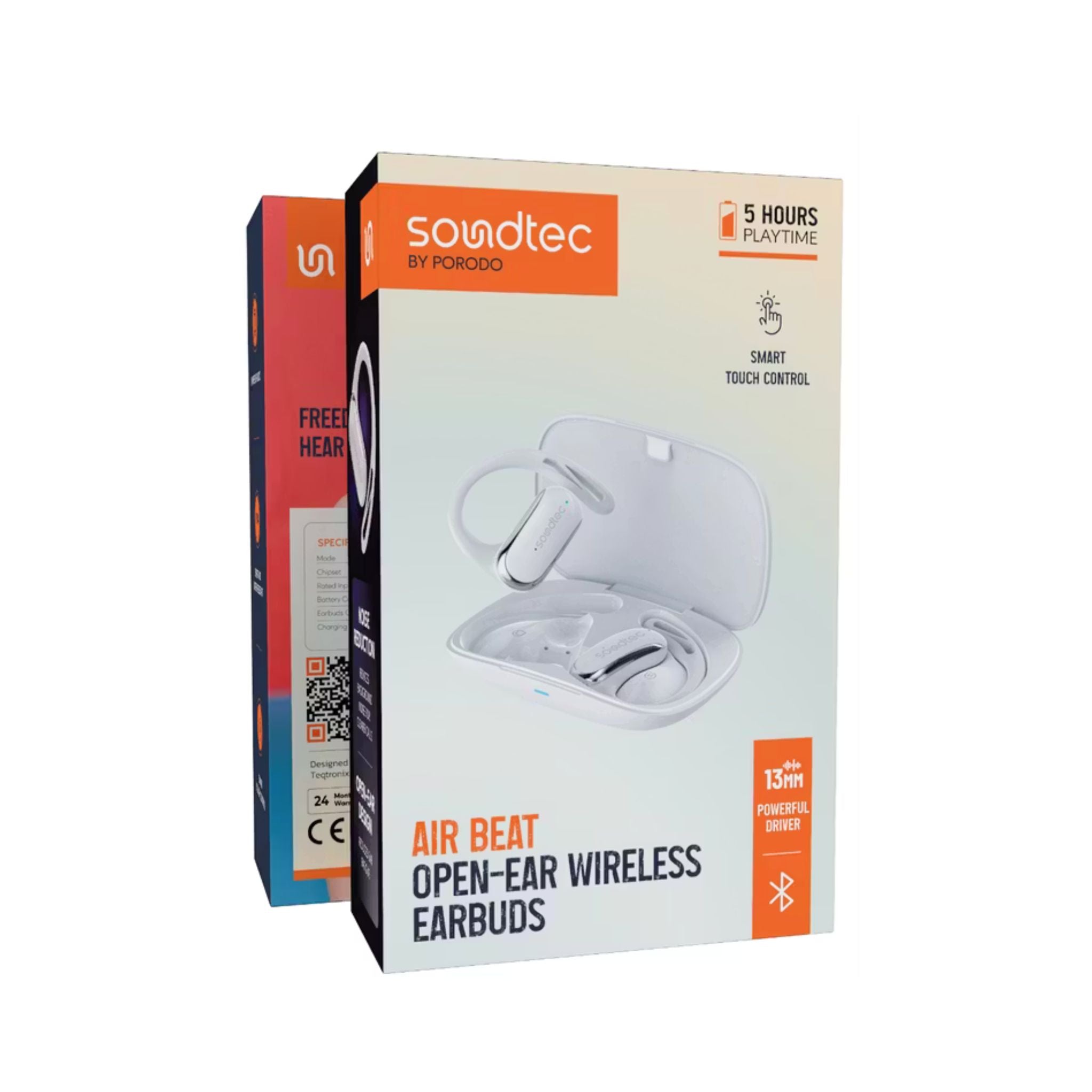 Porodo Soundtec Air Beat Open-Ear Wireless Earbuds with Smart Touch Control, Noise Reduction Technology, 300mAh Charging Case & 40mAh Earbuds Battery, Up to 5 Hours Play Time, Sweat & Water Resistant - White