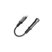 A black Green Lion brand earphone adapter with a Lightning connector on one end and a 3.5mm audio jack on the other, featuring a braided cable design.