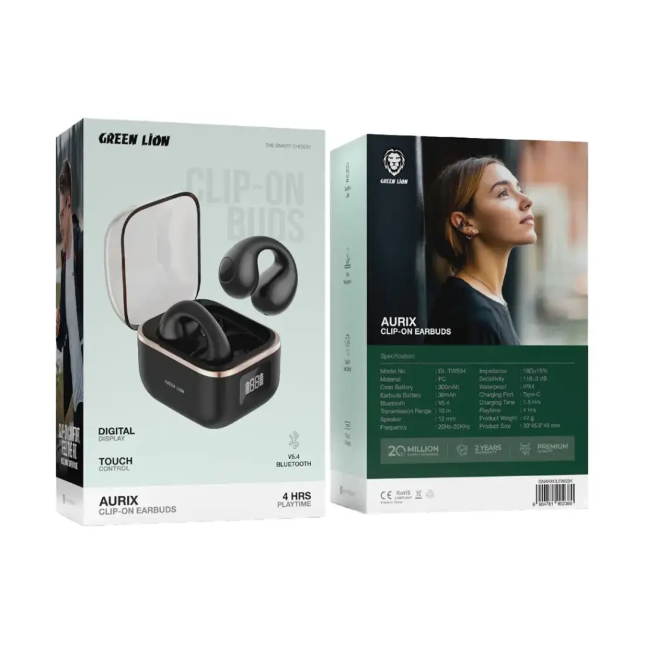 Green Lion Aurix Clip-On Earbuds with Digital Display & Touch Control, Up to 4 Hours Play Time, 300mAh Charging Case Battery & 30mAh Earbuds Battery, Dual Microphones, USB-C Charging Port, Bluetooth Version 5.4 - Black