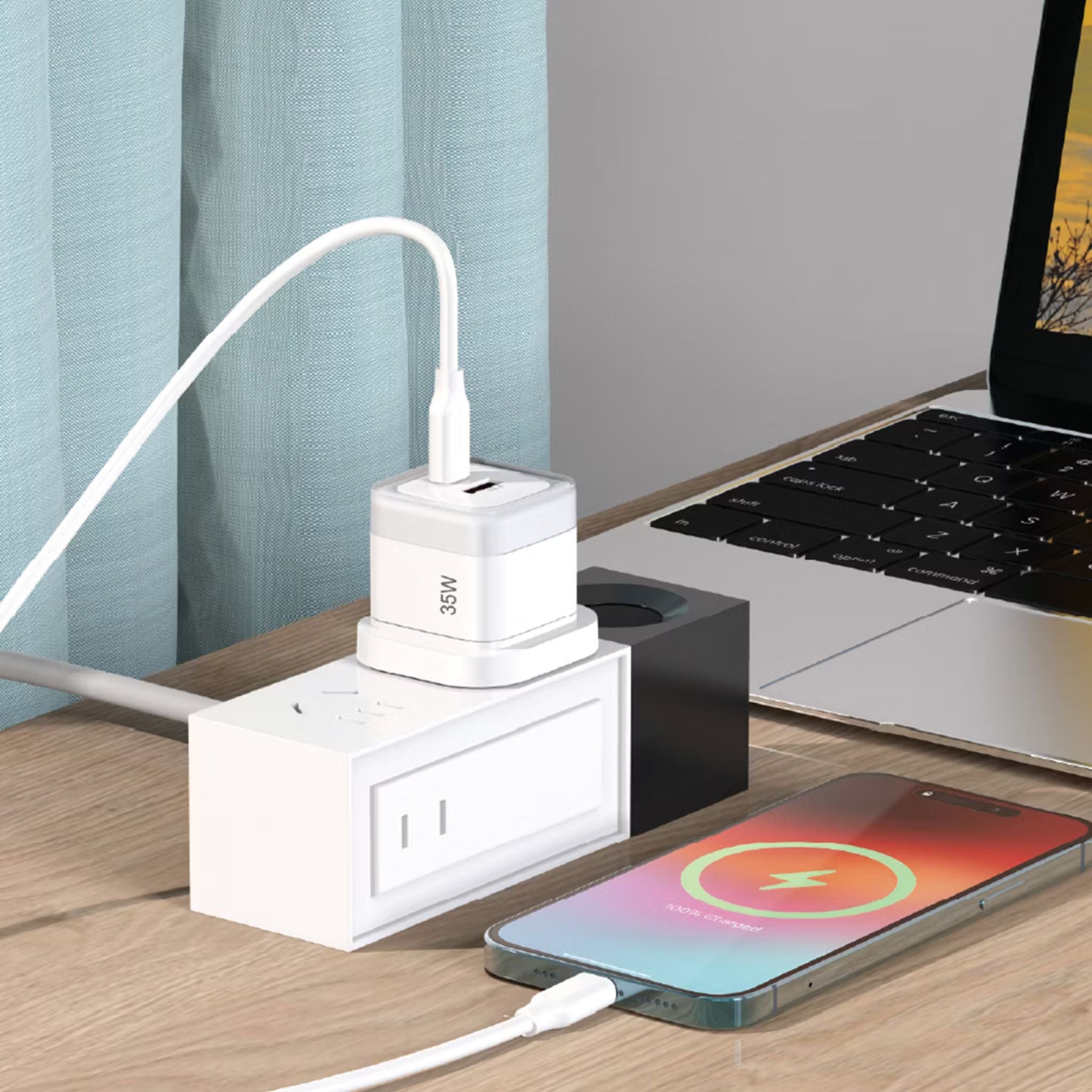 Powerology Lunex Dual-Port Fast Charging Adapter with USB-C & USB-A Ports, 35W Power Delivery, 22.5W USB-A Output, UK 3-Pin Plug, Universal Protocol Support, Multi-Device Charging - White