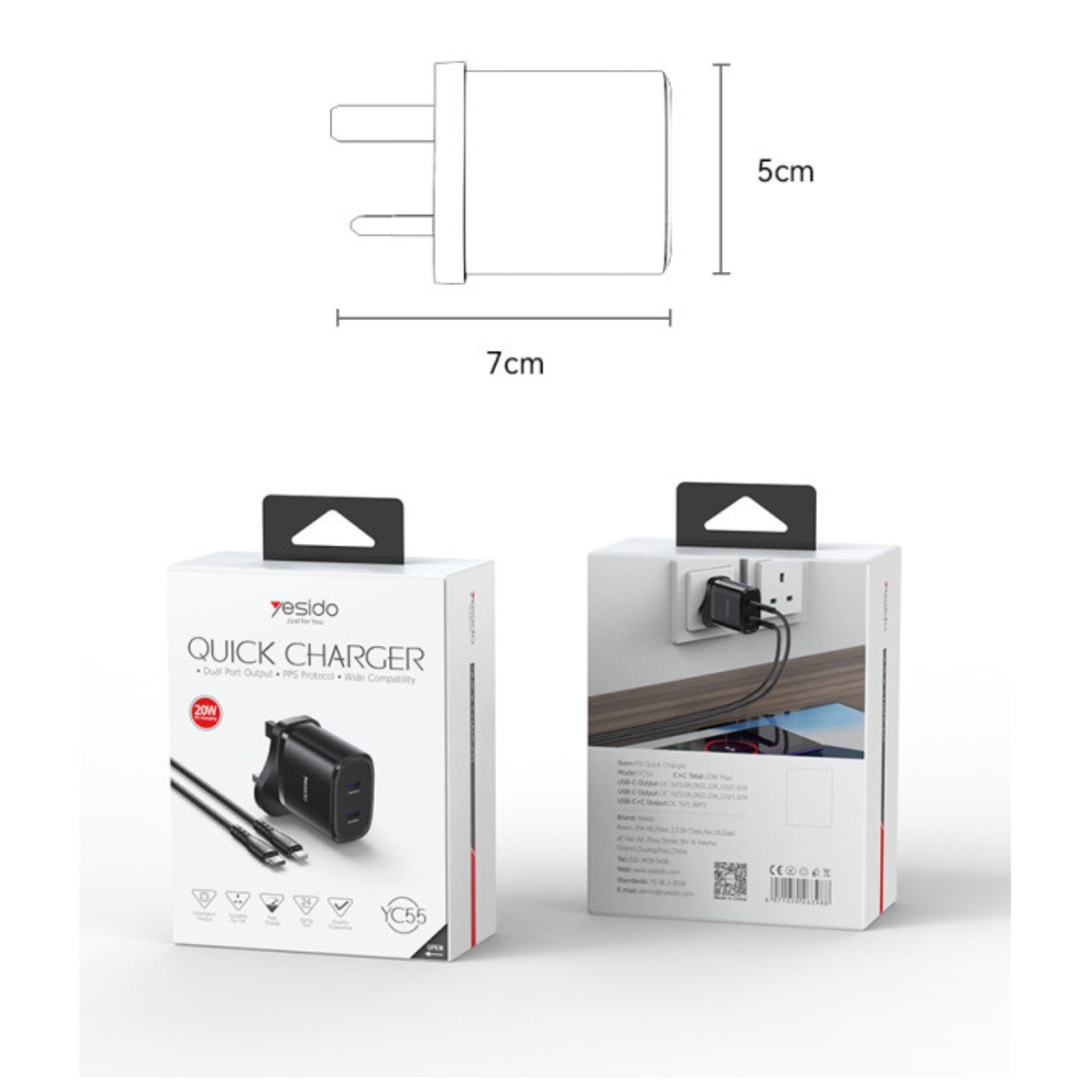 YC55 Yesido Dual Interface PD 20W Fast Charging Safe And Fast UK Triangle Charger Adapter With C To C Cable