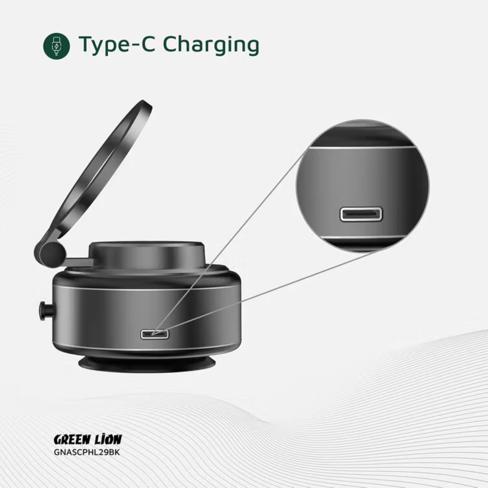 Green Lion GX-29 Auto Suction Phone Holder with 360° Rotation, Strong Suction Cup, 1.5kg Adsorption, One-Hand Operation, MagSafe Compatible, Type-C Charging, 14 Days Working Time - Matte Black