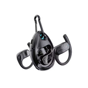 Black Bluetooth headset with carabiner on a white background