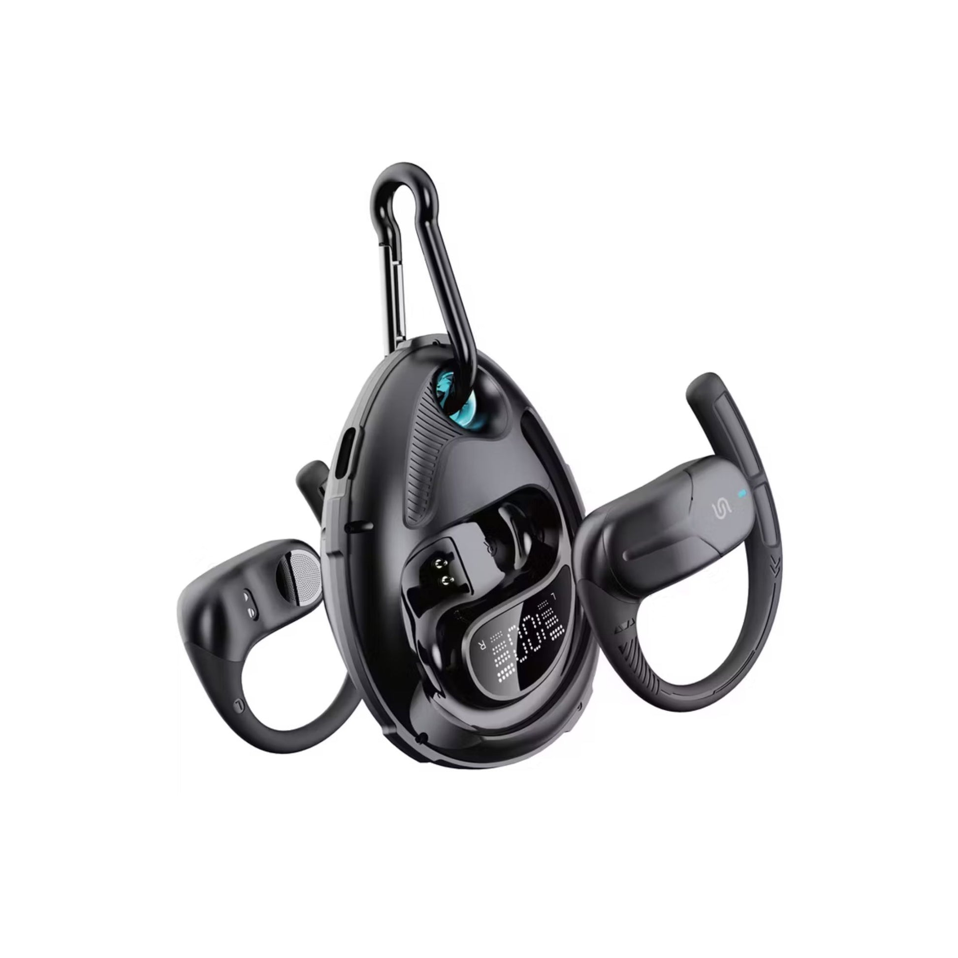 Black Bluetooth headset with carabiner on a white background