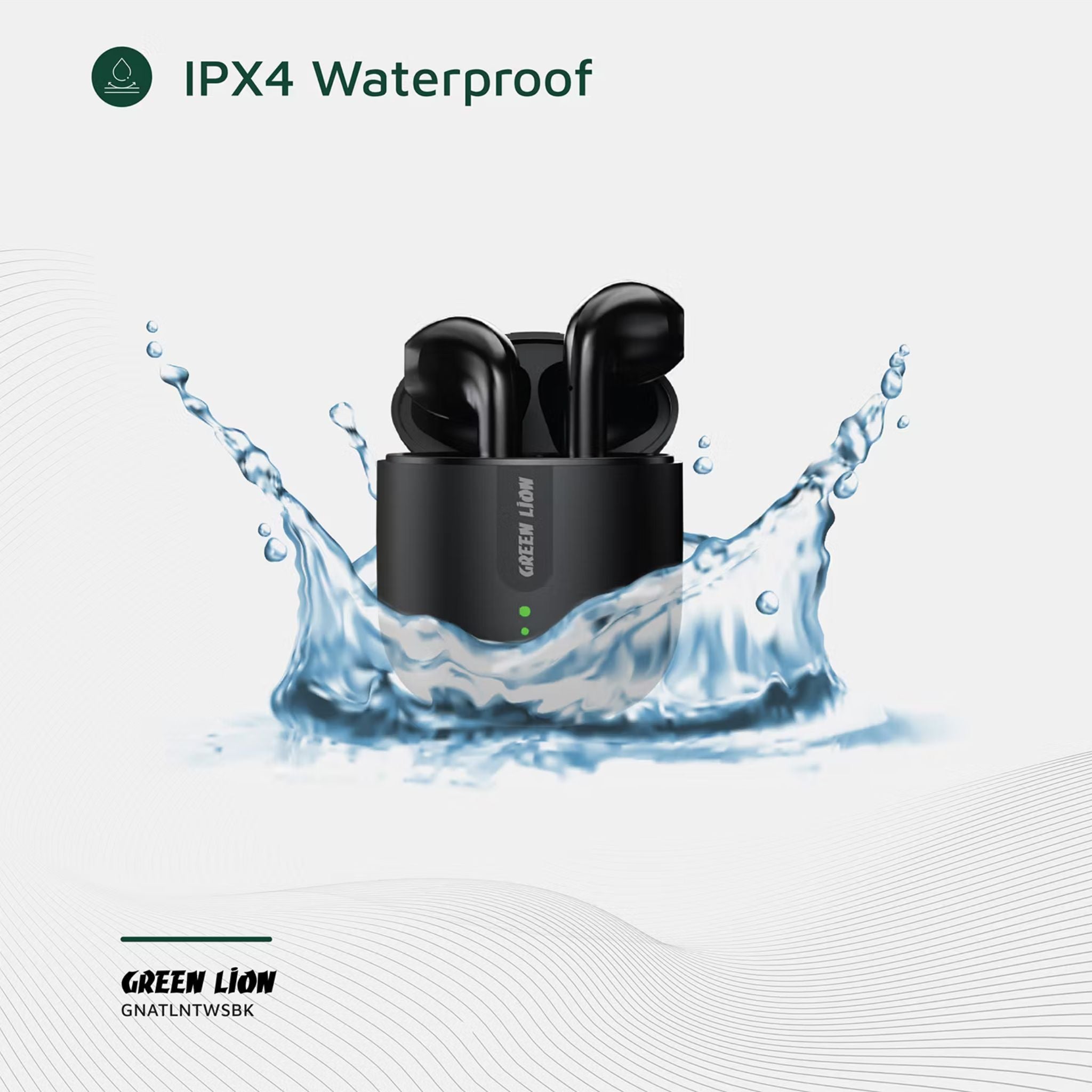 Green Lion Atlanta True Wireless Earbuds with Built-in Microphone, IPX4 Waterproof Level, Voice Assistant, HiFi Sound, Touch Control, 3 Hours Playtime - Black