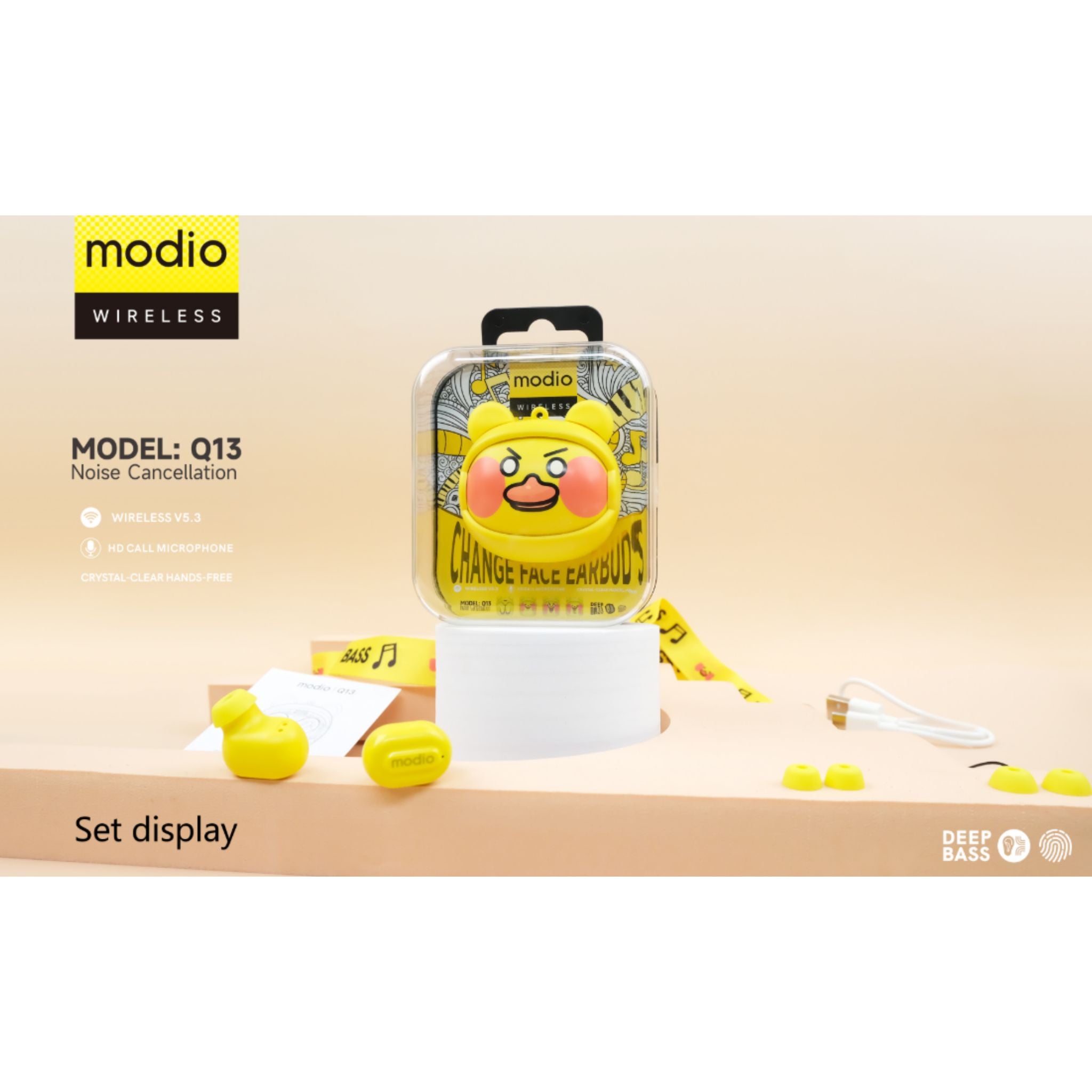 Modio Q13 True Wireless Bluetooth Earbuds – Customizable Faceplates, Premium Sound, Noise Cancelling, Sweatproof, Ergonomic Fit, Long Battery Life with Charging Case & Accessories