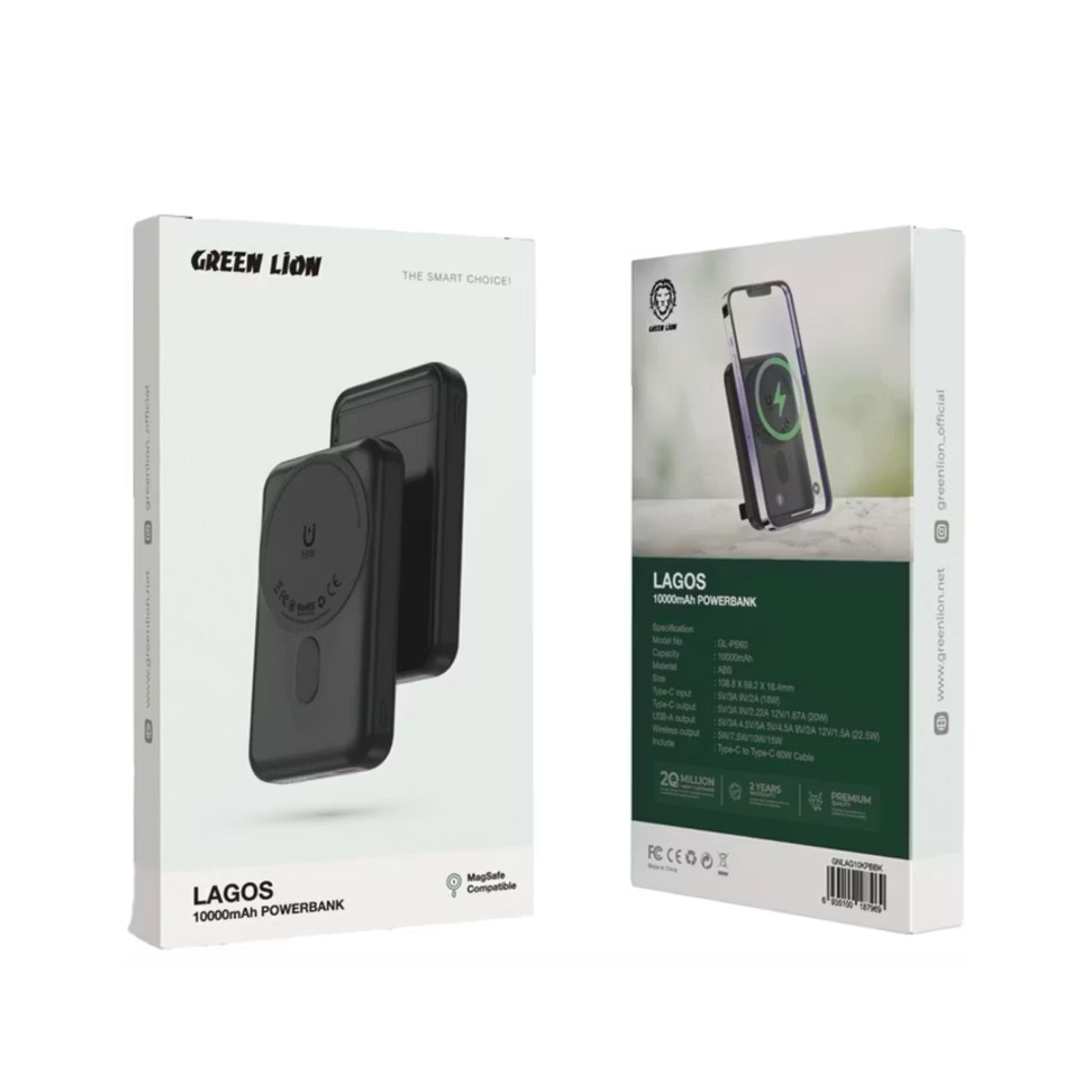 Green Lion Lagos 10000mAh Power Bank with PD 20W, MagSafe Compatible, Strong Adsorption, Built in Stand, Compact & Portable - Black
