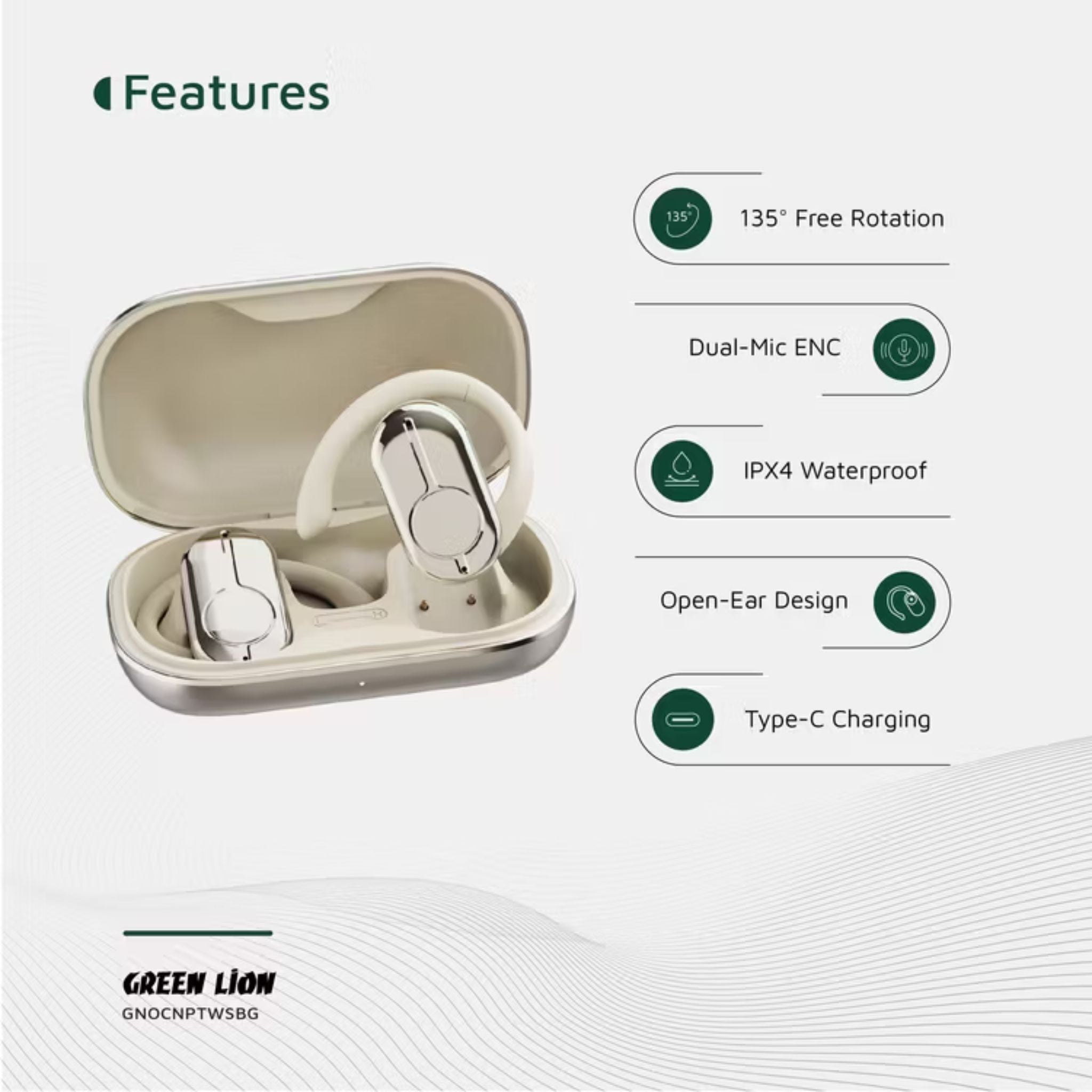 Green Lion Ocean Plus Open-Ear Earbuds with Dual-Mic ENC, Up to 6 Hours Playtime, 135° Free Rotation, 300mAh Charging Case Battery Capacity, Game Mode, Low Latency, 180 Hours Standby Time, IPX4 Waterproof - Beige