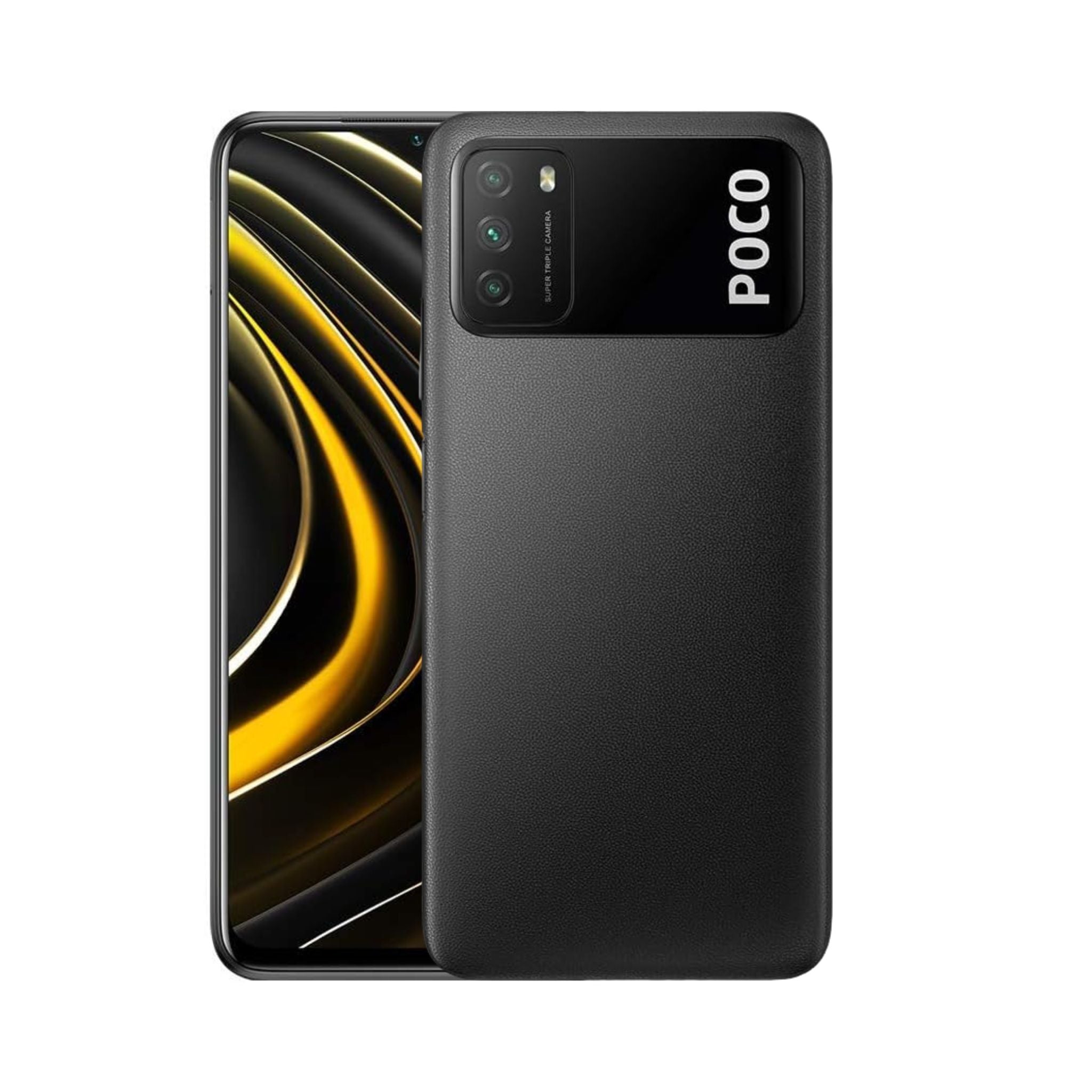 Poco M3 smartphone in Power Black color with a visible triple-camera system on the back and the Poco logo on the front.