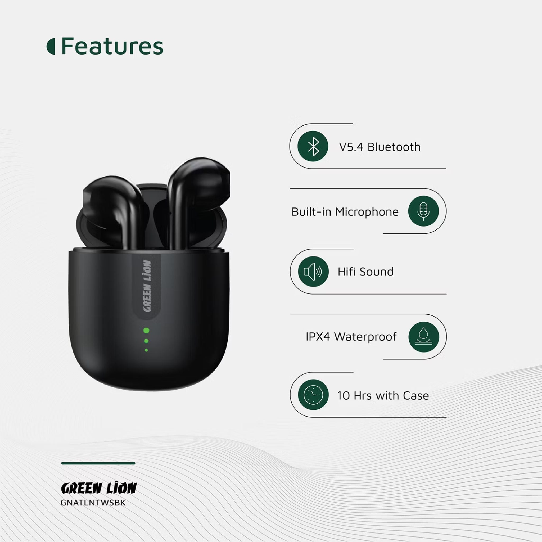 Green Lion Atlanta True Wireless Earbuds with Built-in Microphone, IPX4 Waterproof Level, Voice Assistant, HiFi Sound, Touch Control, 3 Hours Playtime - Black
