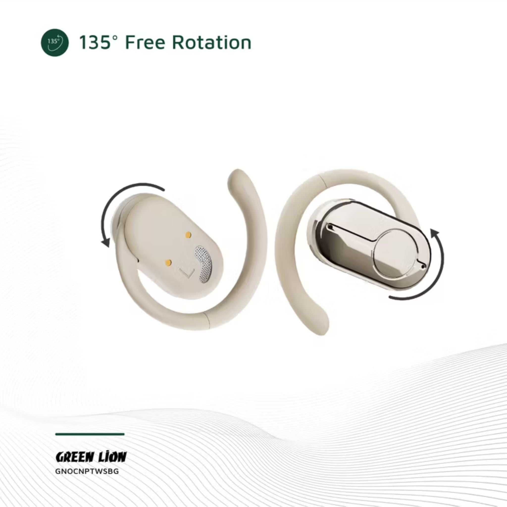 Green Lion Ocean Plus Open-Ear Earbuds with Dual-Mic ENC, Up to 6 Hours Playtime, 135° Free Rotation, 300mAh Charging Case Battery Capacity, Game Mode, Low Latency, 180 Hours Standby Time, IPX4 Waterproof - Beige