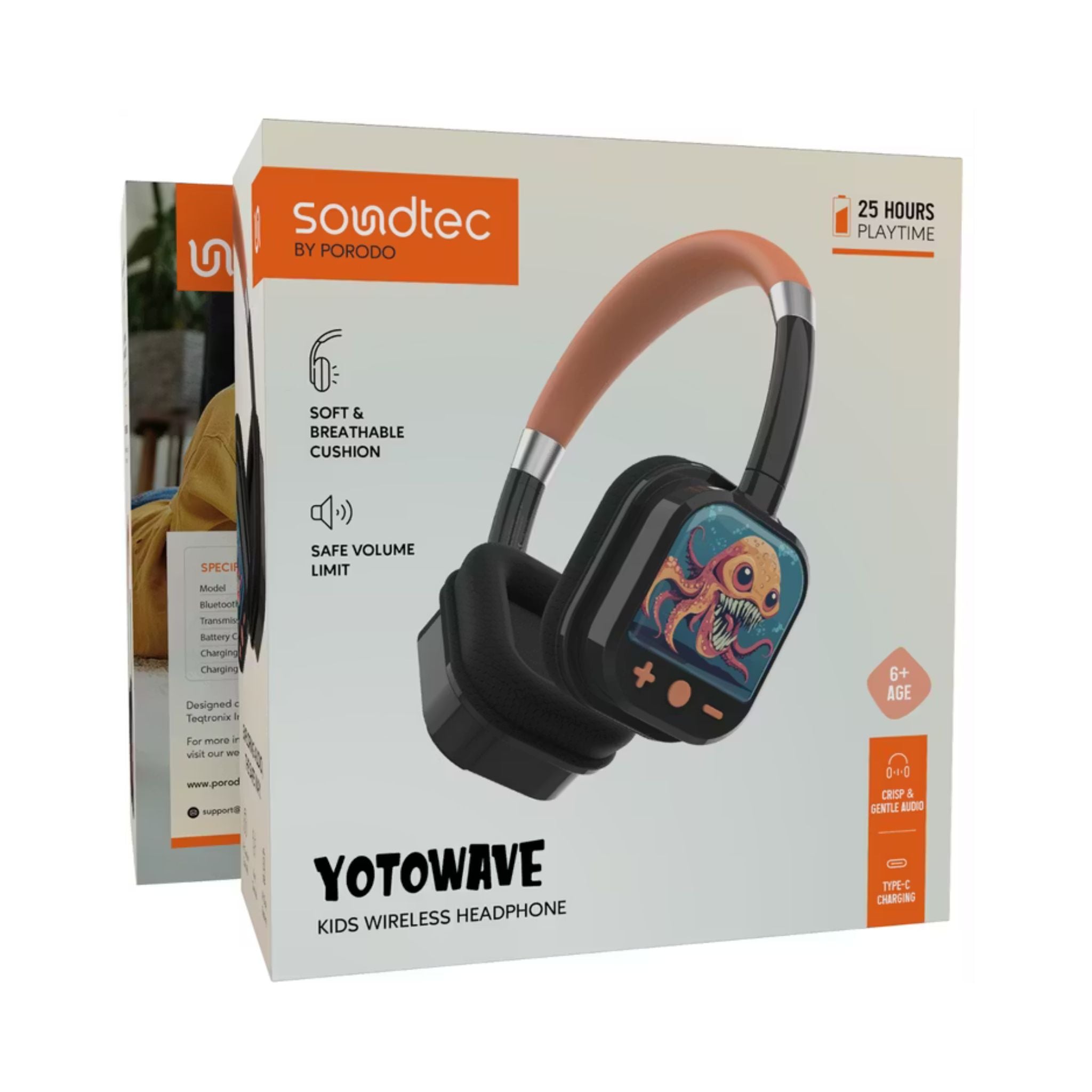 Porodo Soundtec Yotowave Kids Wireless Headphones with Soft Breathable Cushions, 200mAh Battery, Up to 25H Playtime, 40mm Speakers, Bluetooth 5.4, Safe Volume Limit, Skin-Friendly Material, Ideal for Kids Aged 6+ – Orange/Black