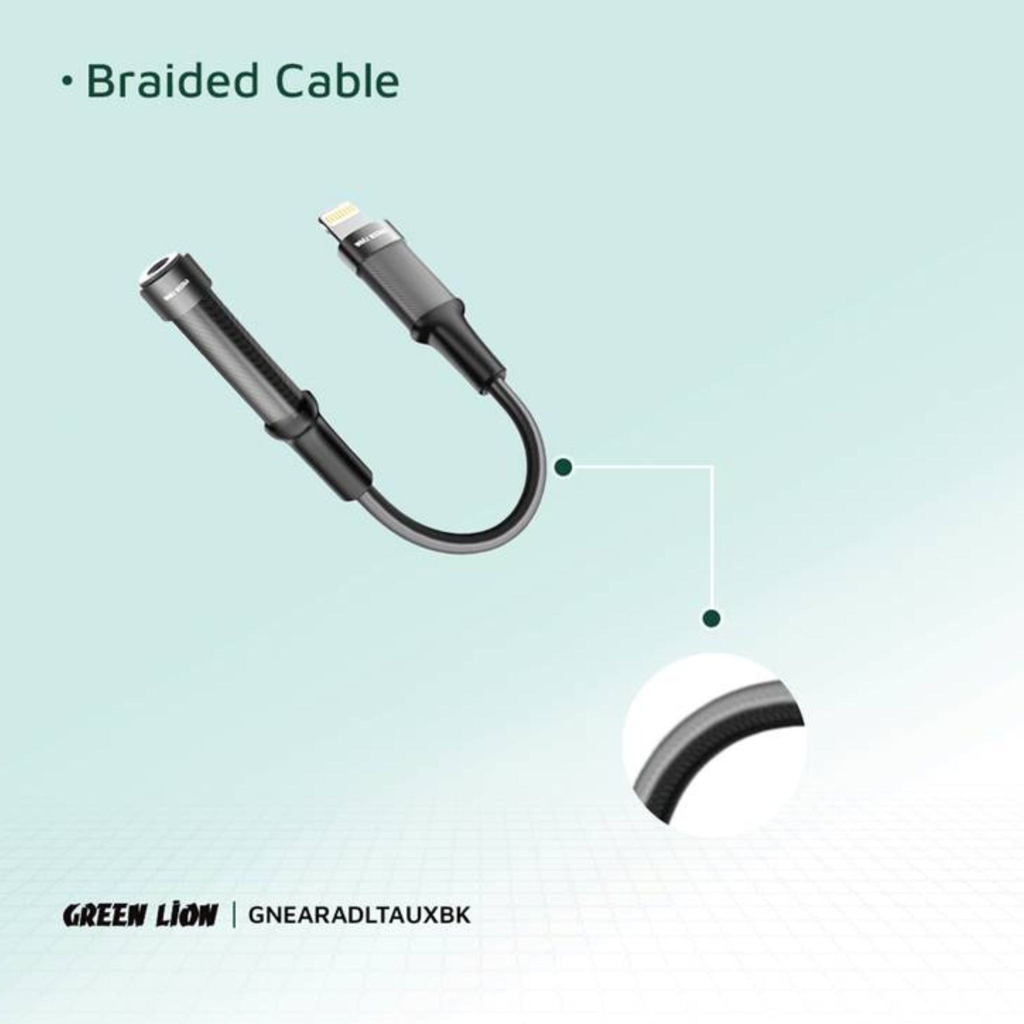 Green Lion Earphone Adapter Lightning to 3.5 Audio Jack, 12cm, Braided Cable, 10000 Bends Life Span, TPE + Aluminum Alloy - Black